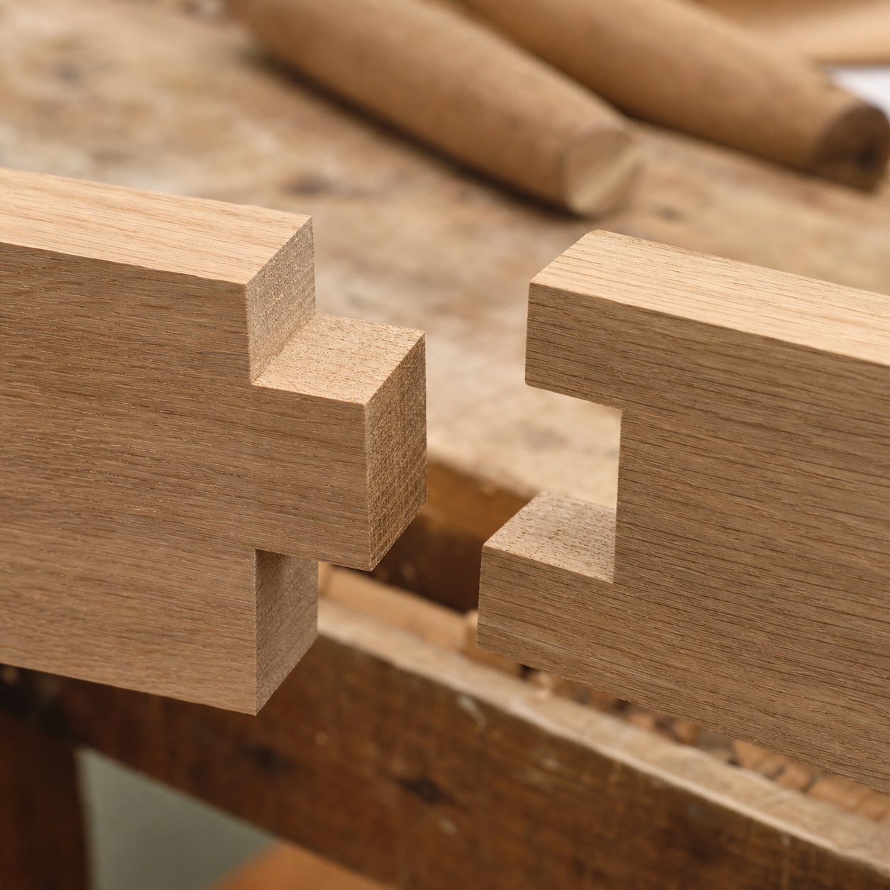Tabled scarf joint mid-assembly A tabled scarf joint shown slightly apart so the interlocking notched step is visible before final fitting. | Sky Rye Design A tabled scarf joint shown slightly apart so the interlocking notched step is visible before final fitting.