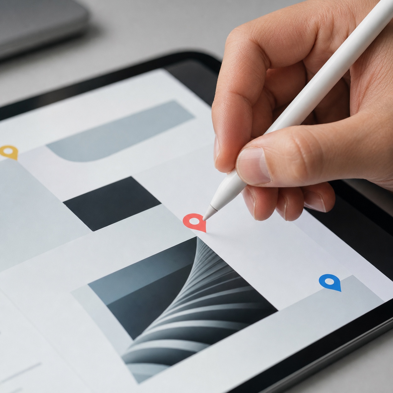 A designer annotating a tablet mockup with a stylus and pinned comment marker.