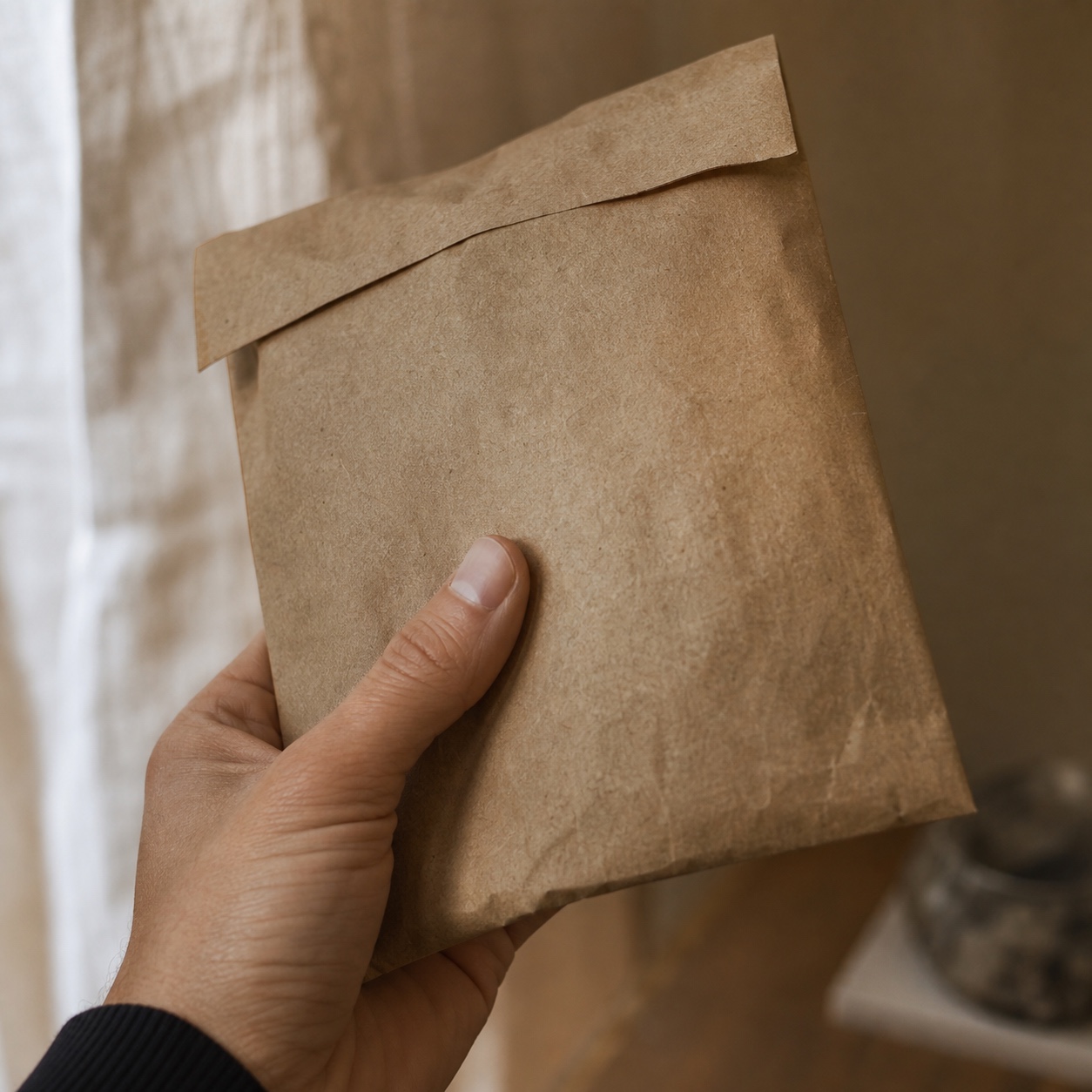 Tactile kraft package held in hand Hand holding a textured kraft paper package in soft window light. | Sky Rye Design Hand holding a textured kraft paper package in soft window light.