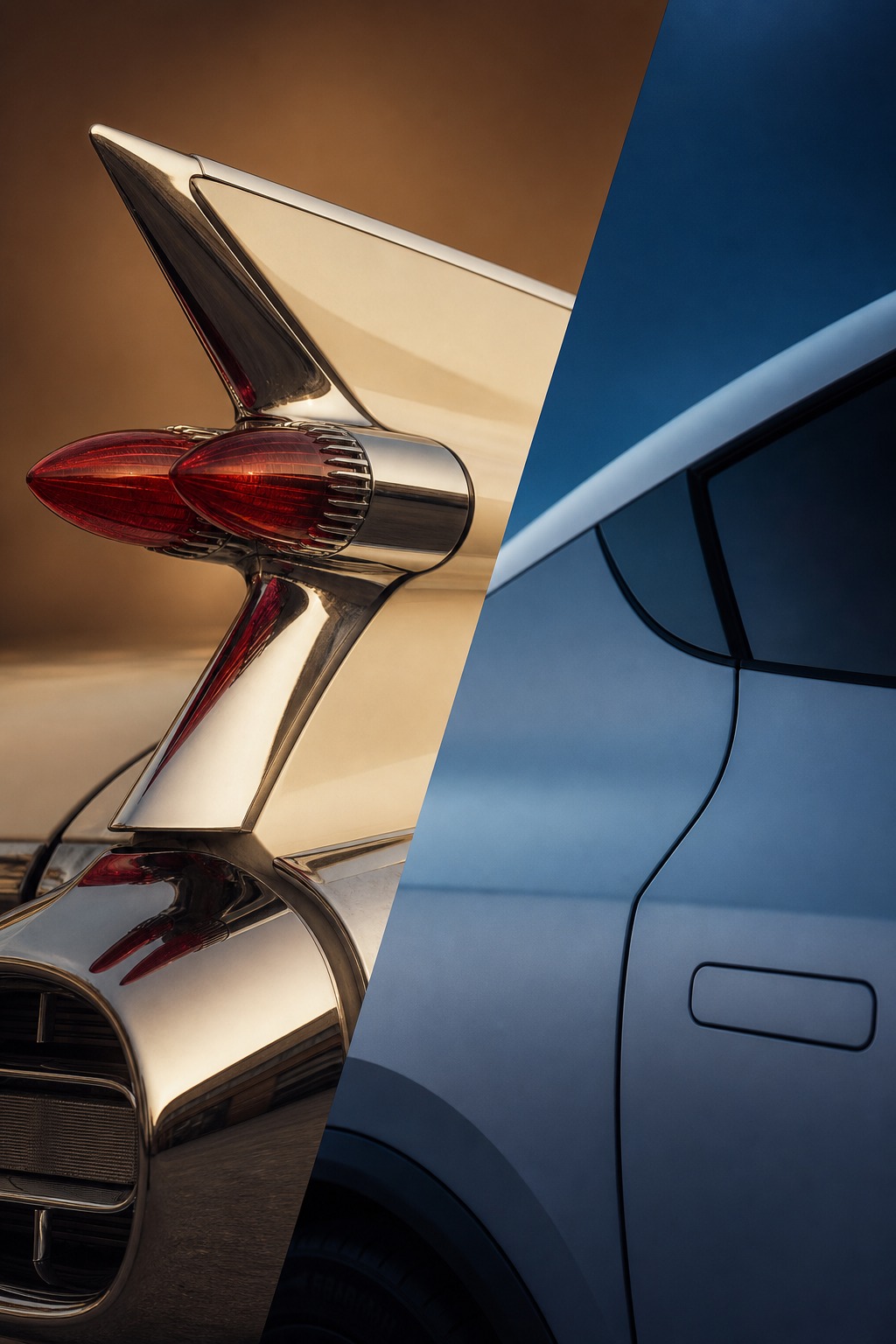 Tailfin and modern EV panel comparison A studio comparison of a chrome tailfin detail beside a smooth modern EV body panel. | Sky Rye Design A studio comparison of a chrome tailfin detail beside a smooth modern EV body panel.
