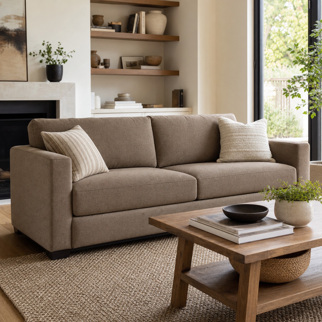 Taupe performance fabric sofa in a family living room Taupe performance fabric sofa with rug and coffee table | Sky Rye Design Taupe performance fabric sofa with rug and coffee table