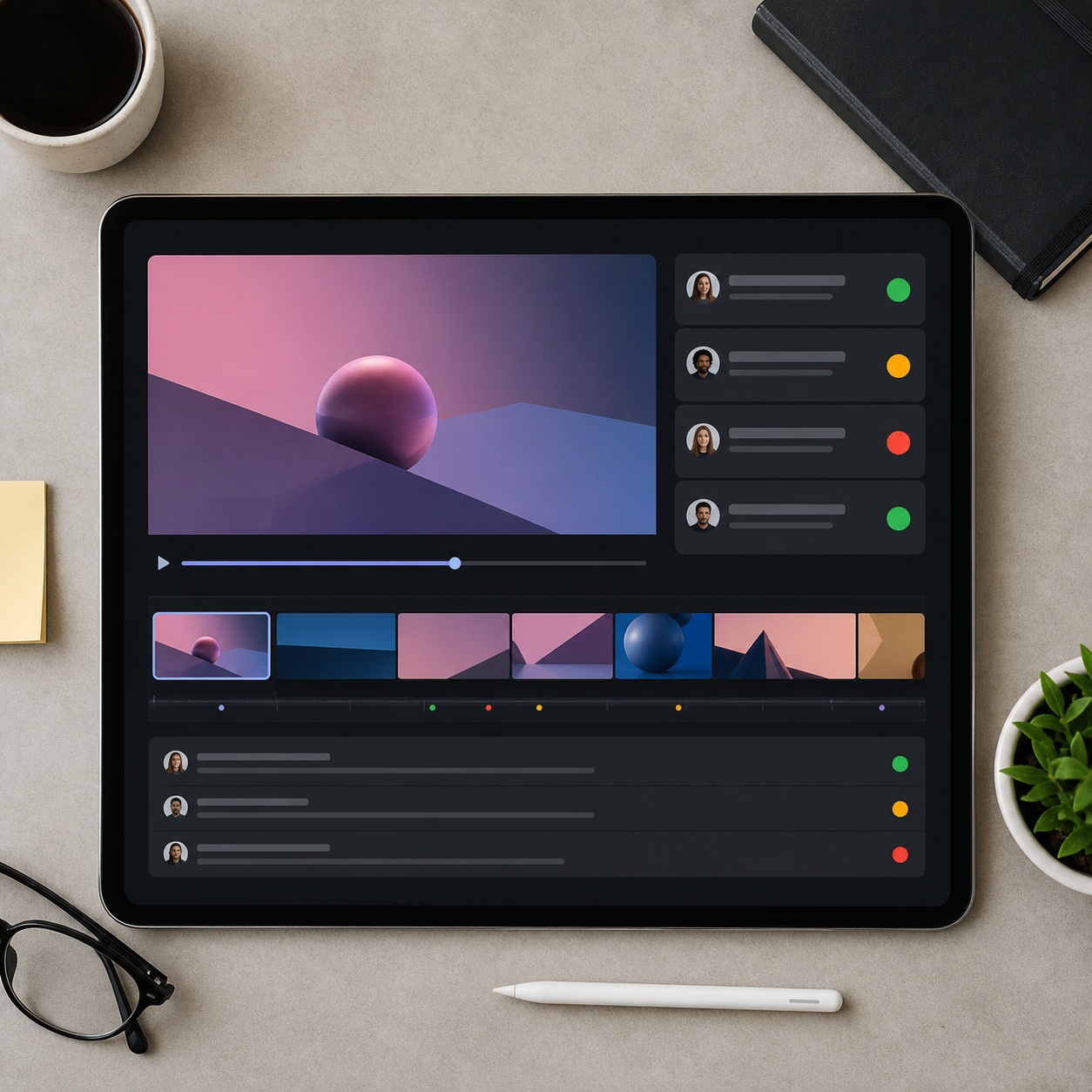 A tablet showing a shared video review interface with approval status controls.