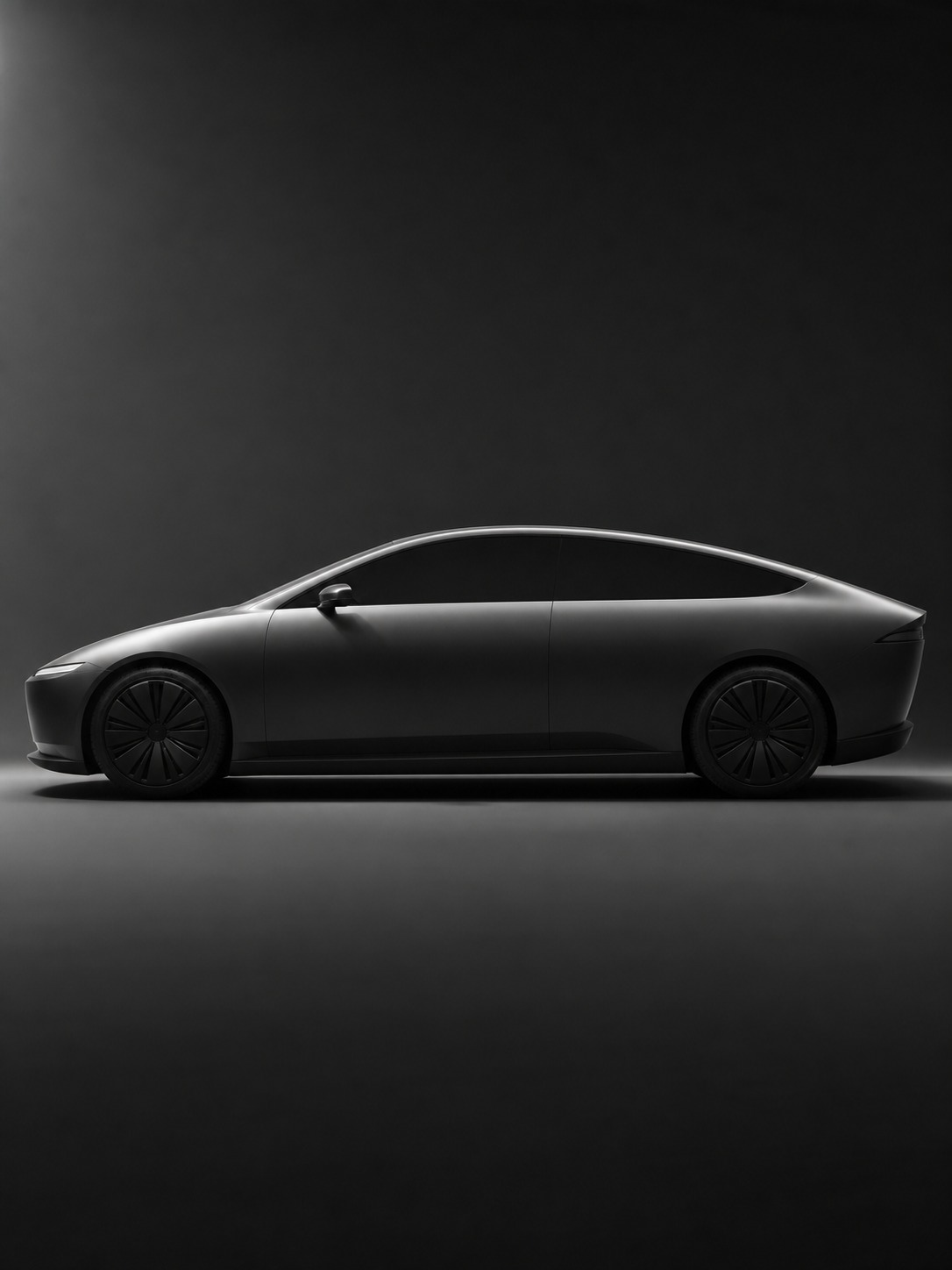 Teardrop EV silhouette studio profile A teardrop-influenced EV profile shown against a plain studio backdrop with dramatic side lighting. | Sky Rye Design A teardrop-influenced EV profile shown against a plain studio backdrop with dramatic side lighting.
