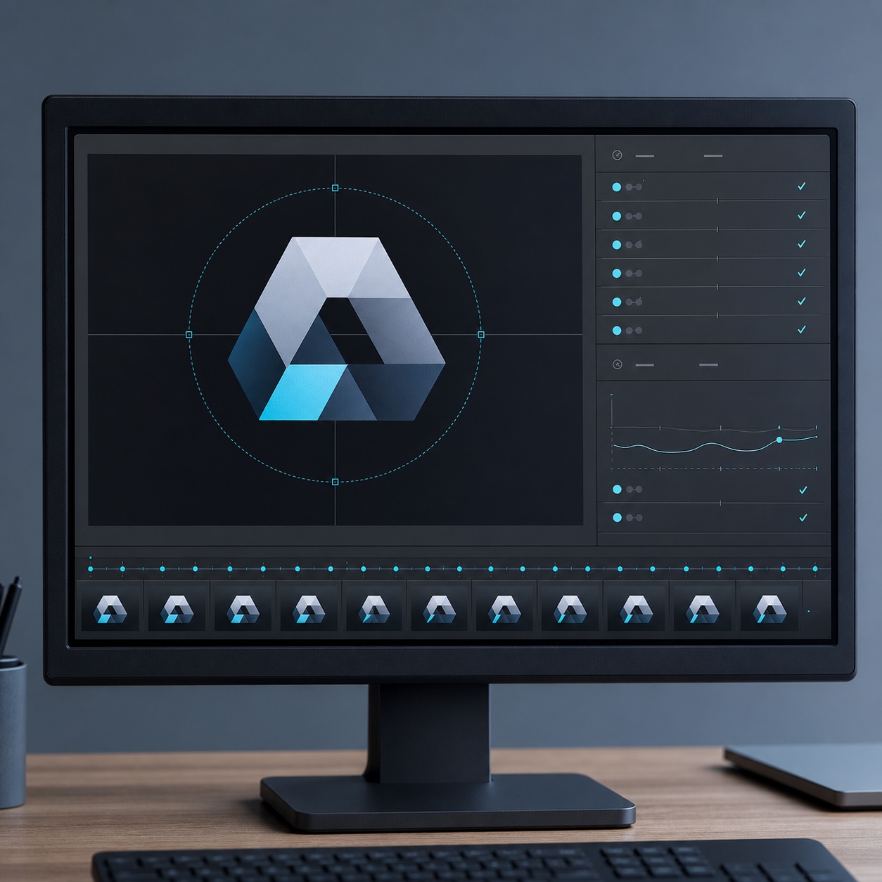 A studio monitor displaying temporal consistency checks for an animated logo.