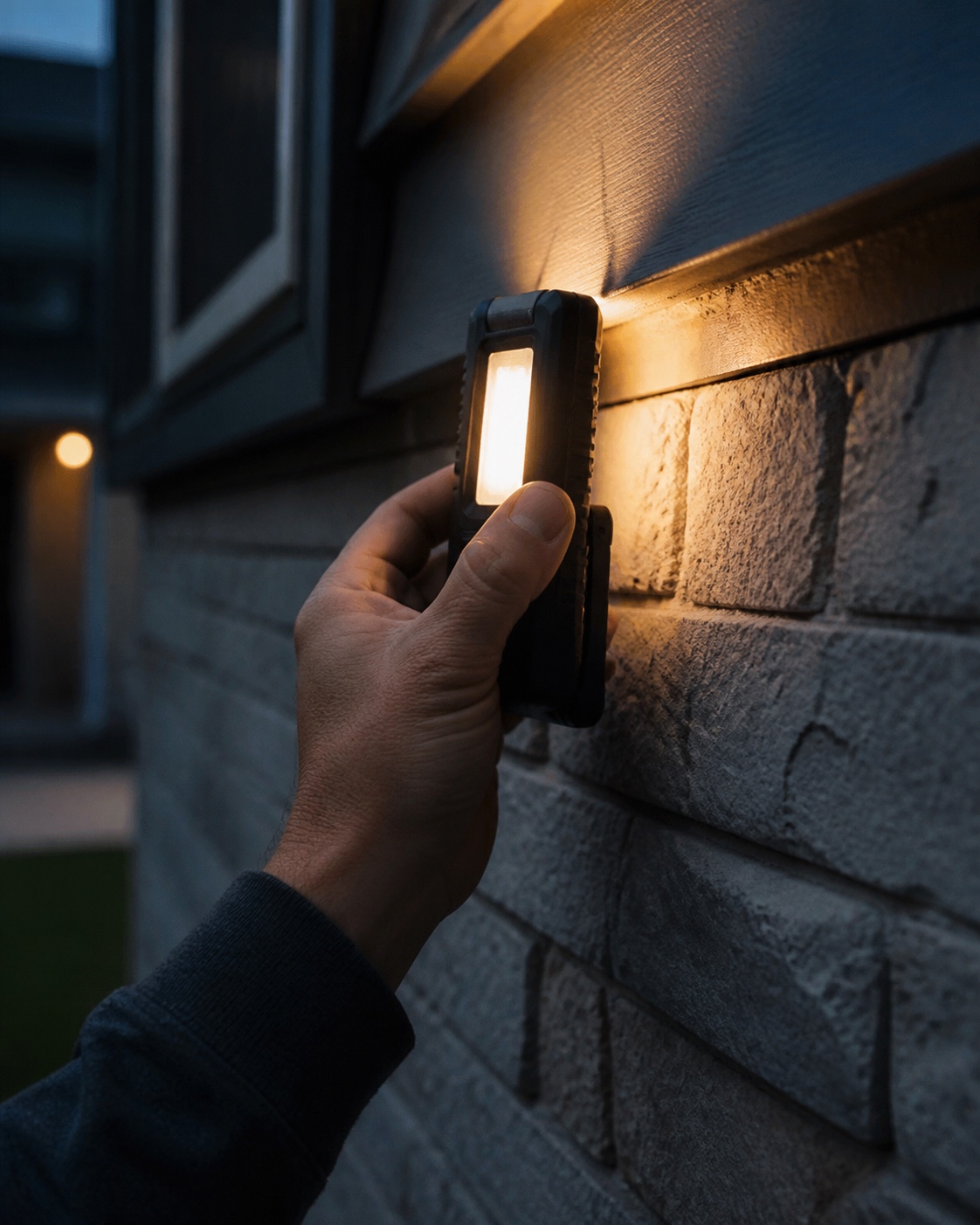 Testing exterior light placement at dusk Someone holding a portable LED test light against a facade at dusk to check fixture placement. | Sky Rye Design Someone holding a portable LED test light against a facade at dusk to check fixture placement.