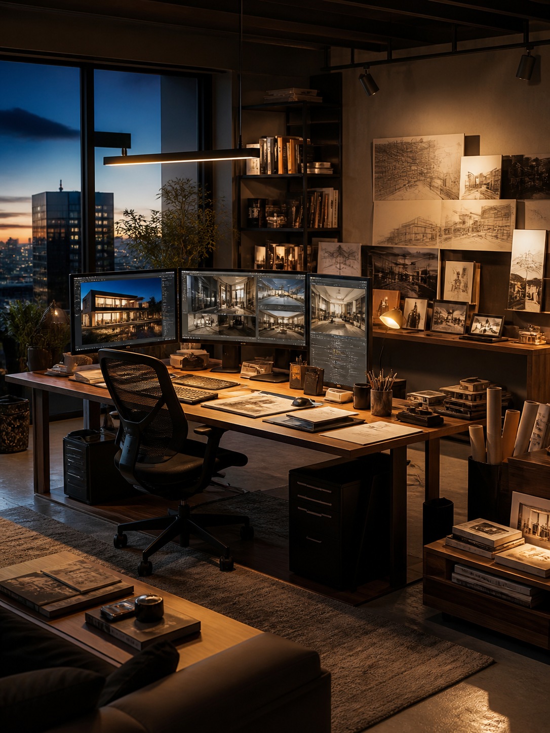 Design studio at dusk with AI video concepts on glowing screens An elegant design studio at dusk with multiple screens showing cinematic AI-generated design concepts. | Sky Rye Design An elegant design studio at dusk with multiple screens showing cinematic AI-generated design concepts.