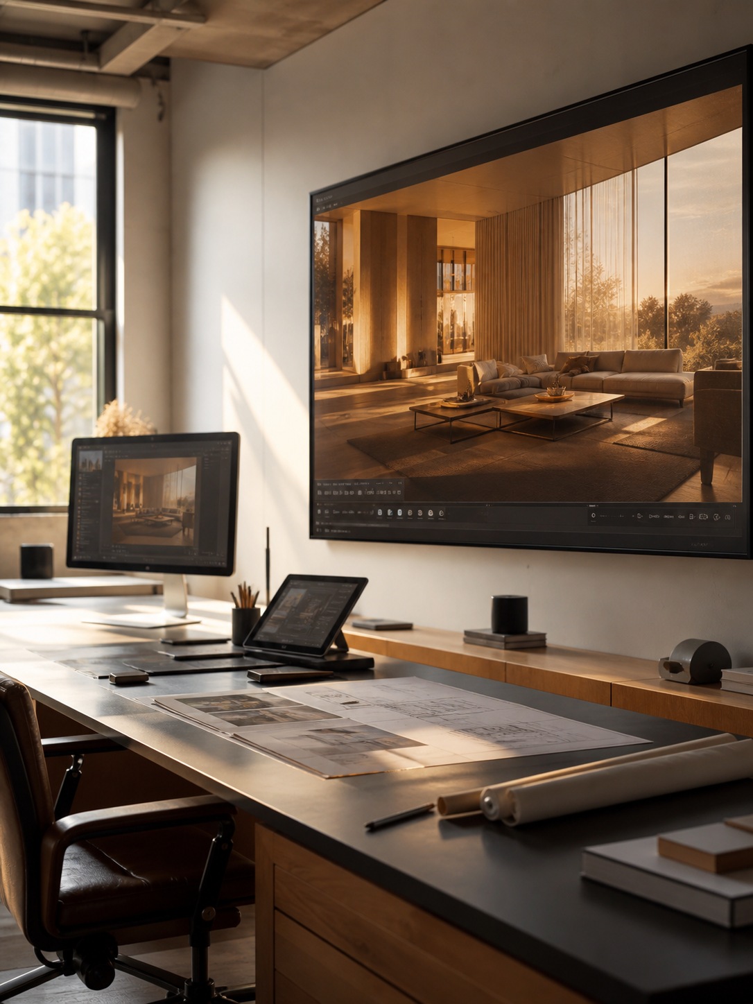 Modern design studio with an AI-generated cinematic interior scene glowing on a large screen A modern design studio with a cinematic AI interior scene on a wall display, used as the featured image. | Sky Rye Design A modern design studio with a cinematic AI interior scene on a wall display, used as the featured image.