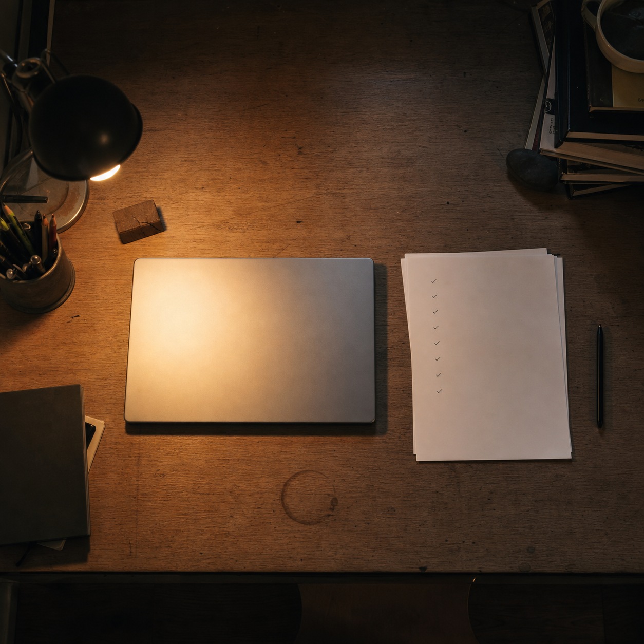 Tidy Design Studio Closing Desk Tidy design studio desk at the end of the day with a closed laptop and completed checklist. | Sky Rye Design Tidy design studio desk at the end of the day with a closed laptop and completed checklist.