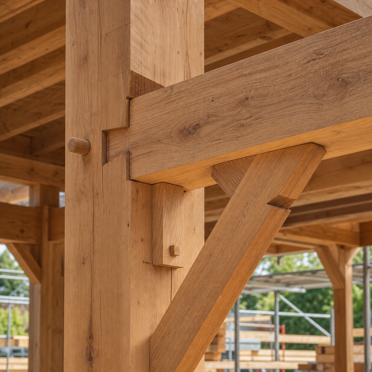 Timber-frame corner joint assembly Timber-frame corner post where two scarf-jointed beams meet, showing a full joinery assembly in warm daylight. | Sky Rye Design Timber-frame corner post where two scarf-jointed beams meet, showing a full joinery assembly in warm daylight.