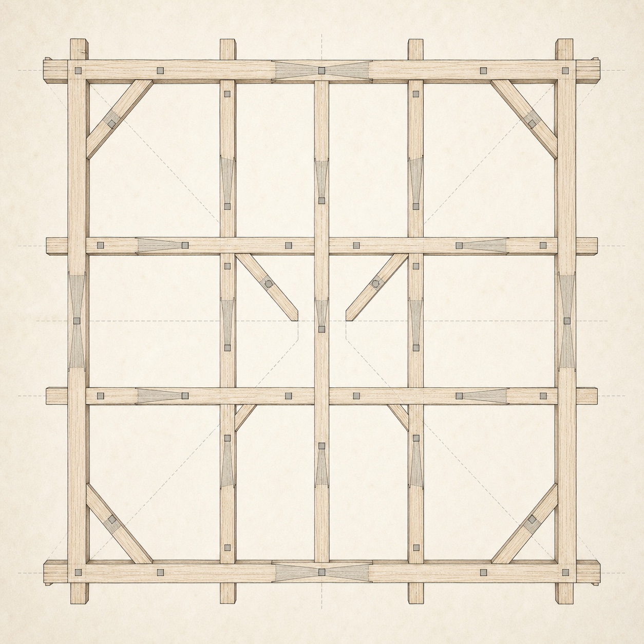 Timber-frame layout with scarf joint positions marked Overhead studio view of an architectural timber-frame layout drawing with scarf joint positions marked along a ridge beam. | Sky Rye Design Overhead studio view of an architectural timber-frame layout drawing with scarf joint positions marked along a ridge beam.