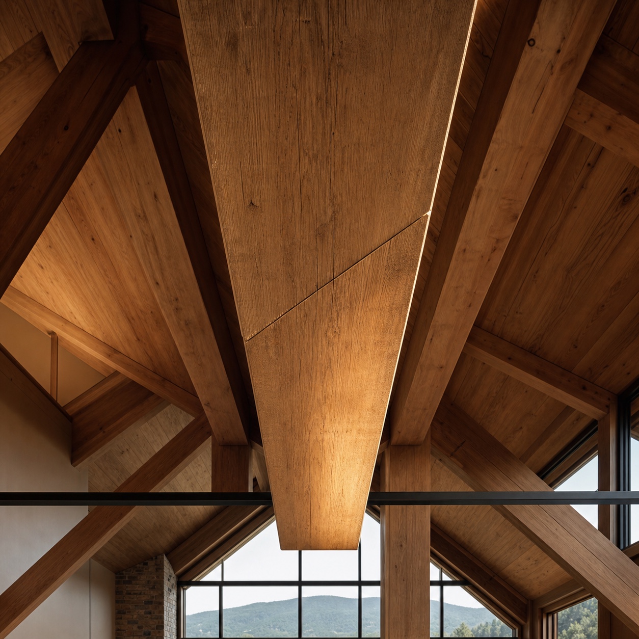 Exposed timber-frame ridge beam with a subtle scarf joint seam A long oak ridge beam in a modern timber-frame interior with a faint diagonal scarf joint seam under raking light. | Sky Rye Design A long oak ridge beam in a modern timber-frame interior with a faint diagonal scarf joint seam under raking light.