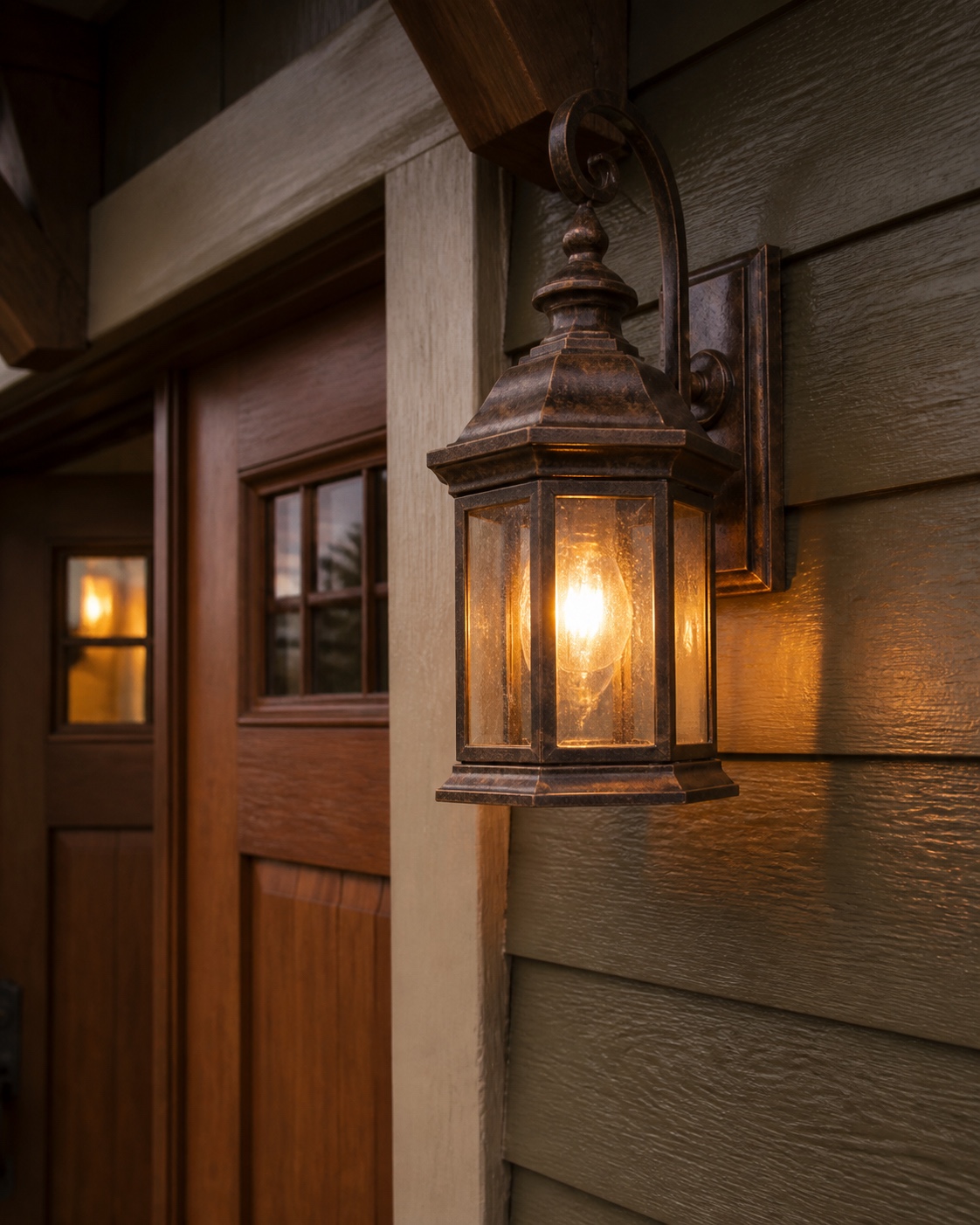 Traditional bronze lantern on a craftsman entry Traditional bronze lantern-style exterior fixture glowing beside a craftsman-style entry. | Sky Rye Design Traditional bronze lantern-style exterior fixture glowing beside a craftsman-style entry.