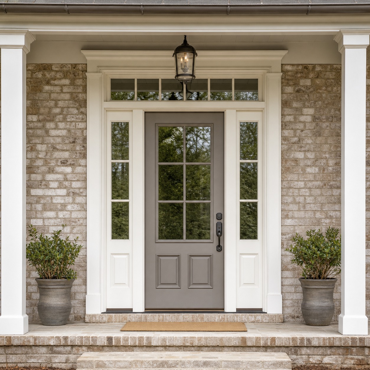 Traditional front door with sidelights and transom Traditional entry with a centered front door, matching sidelights, and a transom arranged in full symmetry. | Sky Rye Design Traditional entry with a centered front door, matching sidelights, and a transom arranged in full symmetry.