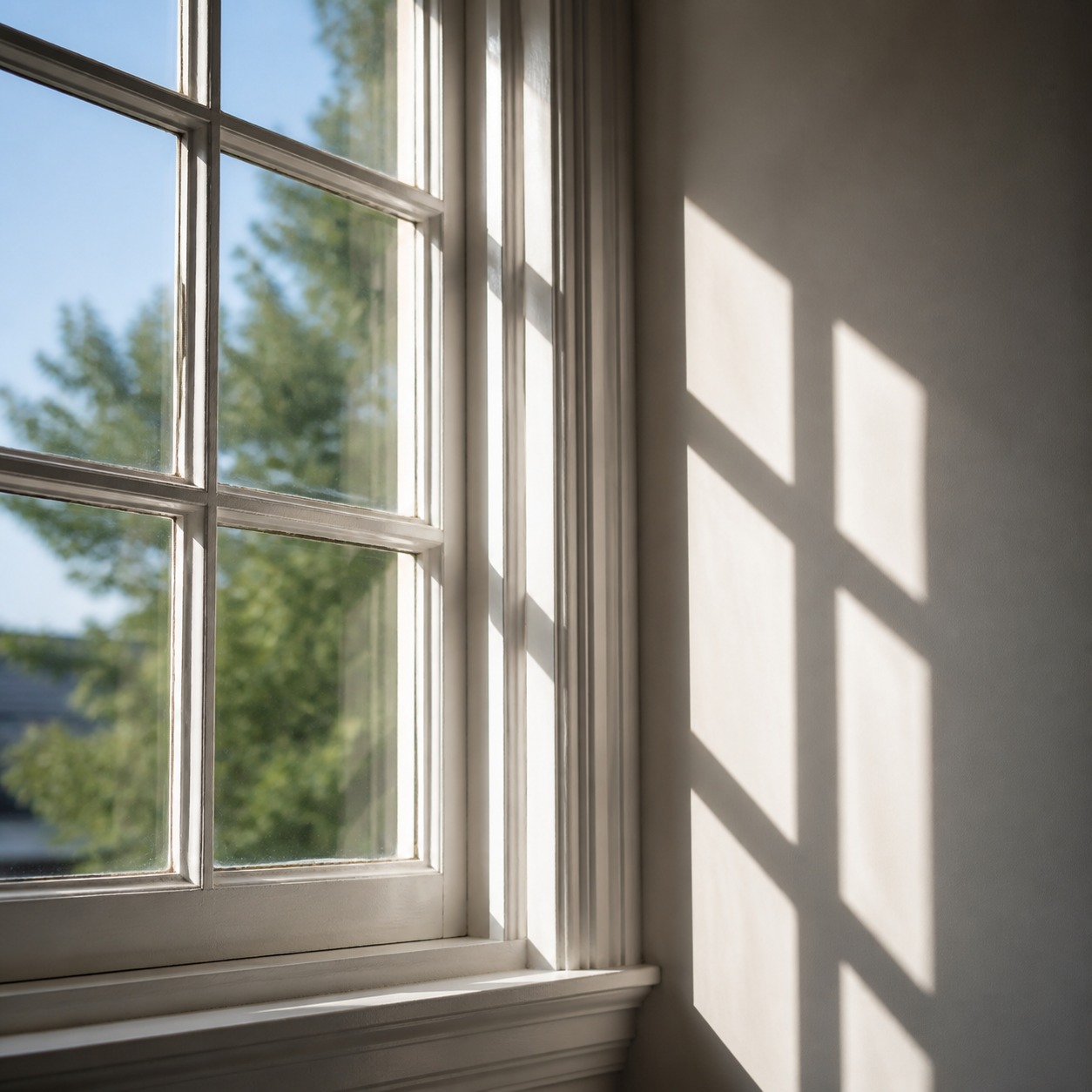 Traditional window mullion grid and shadow Divided-light window with a traditional mullion grid casting a soft shadow. | Sky Rye Design Divided-light window with a traditional mullion grid casting a soft shadow.