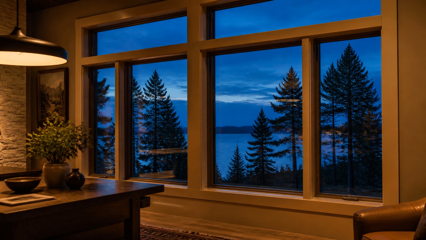 Twilight interior glow through a trimmed window Large well-trimmed window glowing at dusk with warm interior light and a blue exterior sky. | Sky Rye Design Large well-trimmed window glowing at dusk with warm interior light and a blue exterior sky.