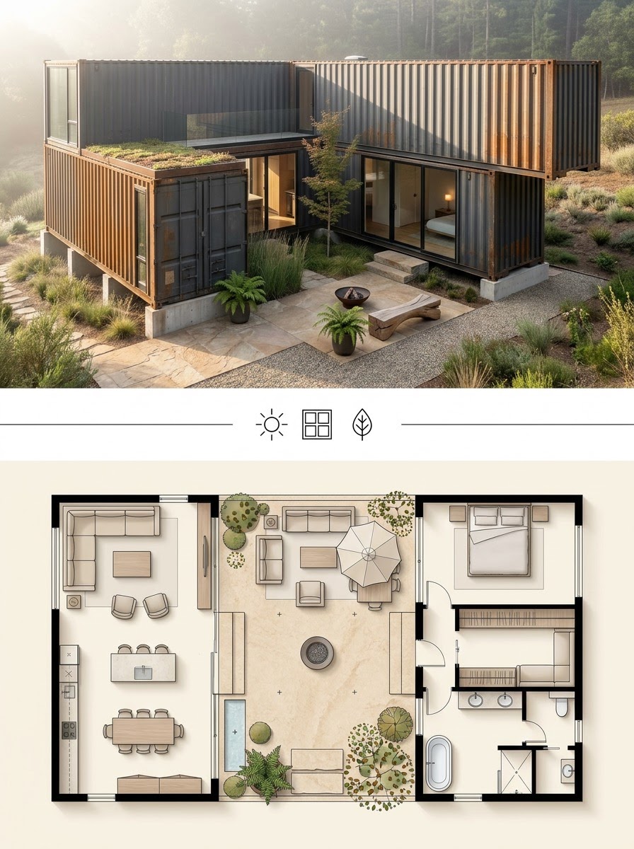 Two-Container L-Shaped Layout Framing a Central Courtyard Two-Container L-Shaped Layout Framing a Central Courtyard shown as a two-panel architectural board with exterior render and matching floor plan. | Sky Rye Design Two-Container L-Shaped Layout Framing a Central Courtyard shown as a two-panel architectural board with exterior render and matching floor plan.