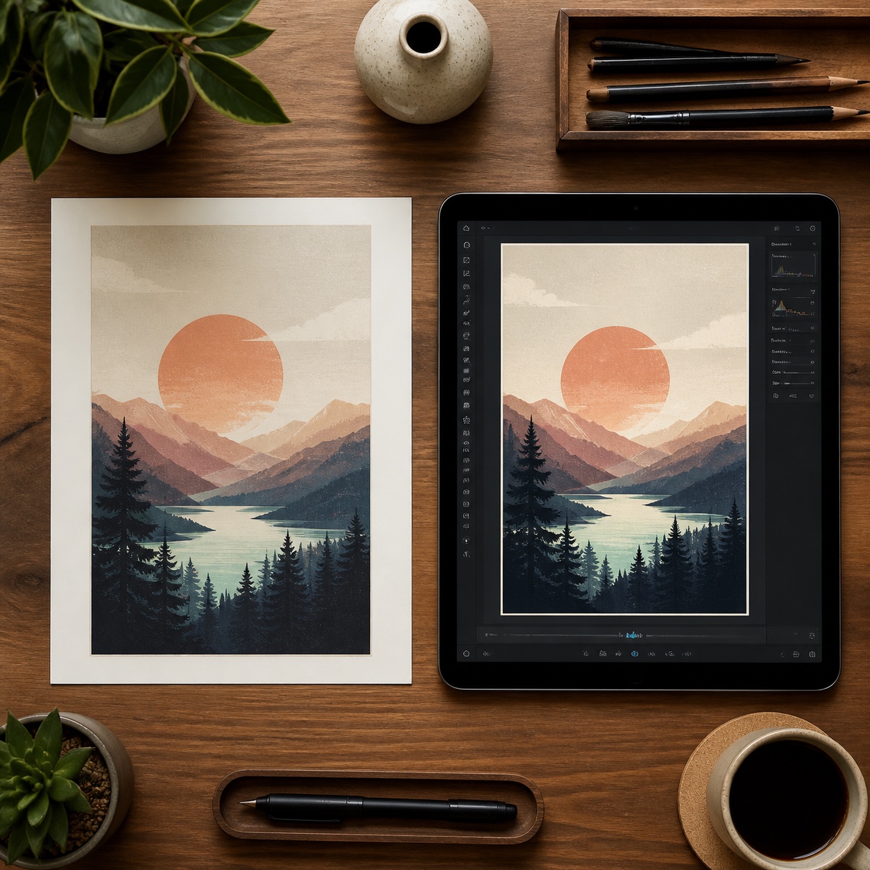 Scanned illustration beside a tablet showing the artwork sharpened after upscaling