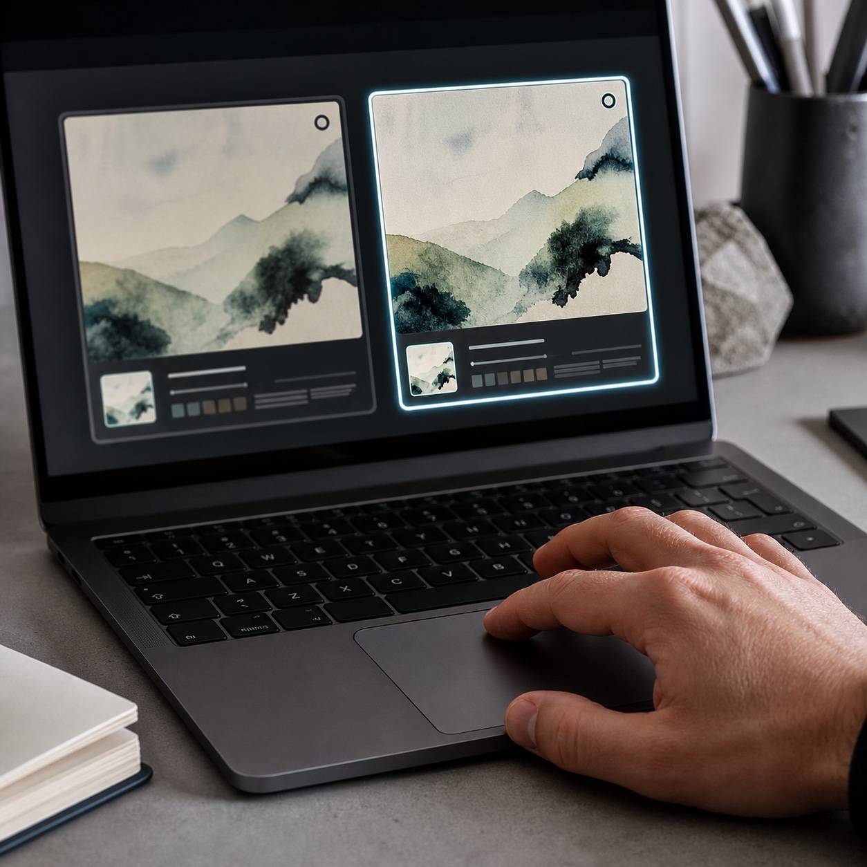 Designer comparing a soft artwork thumbnail with a sharper upscaled version on screen