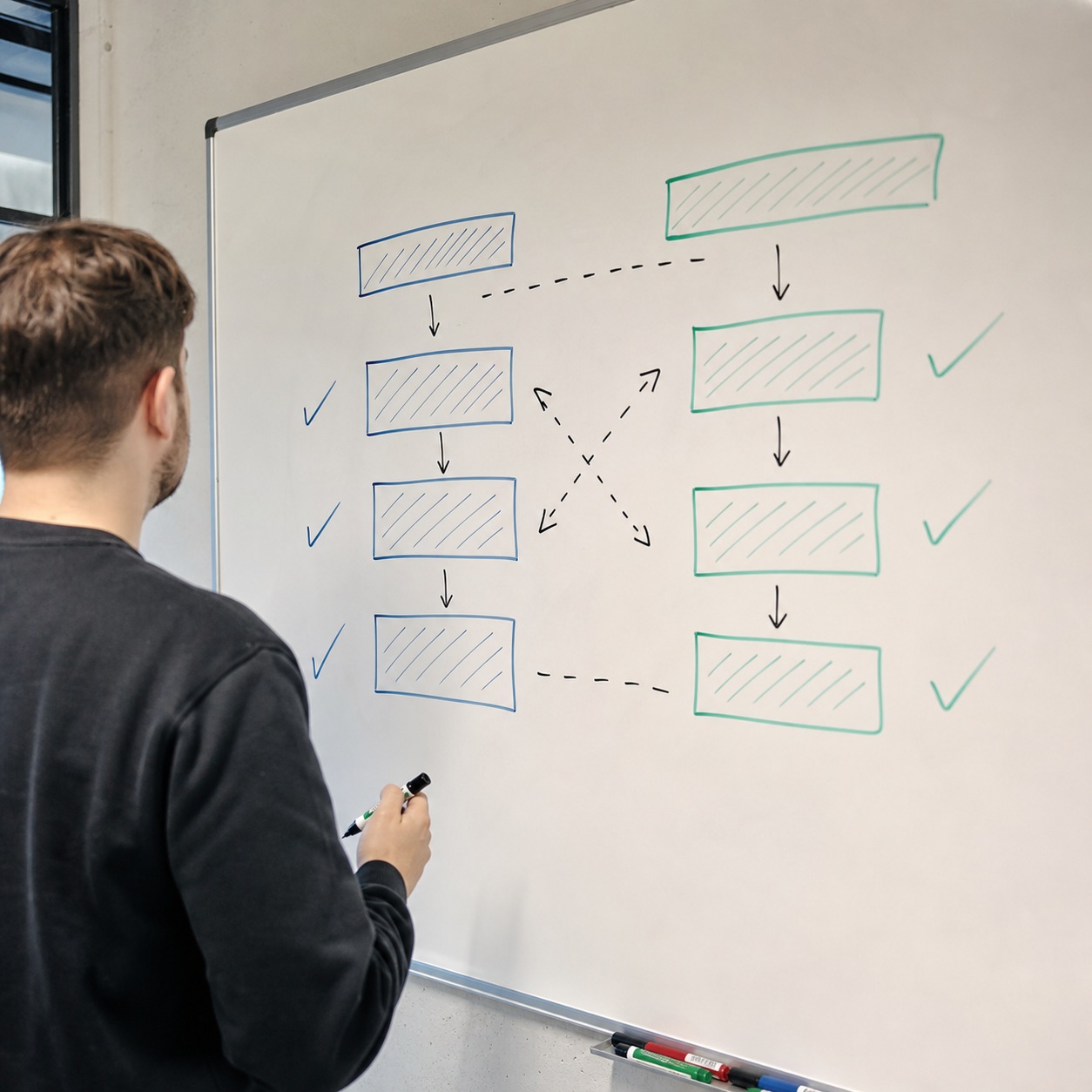 Whiteboard with abstract responsibility blocks and arrows for vendor and studio ownership.