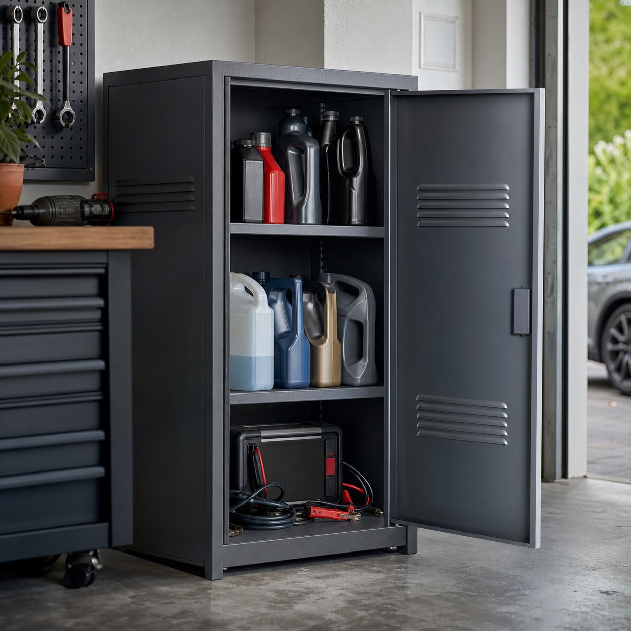 Open ventilated cabinet storing car fluids and a battery charger in a garage.