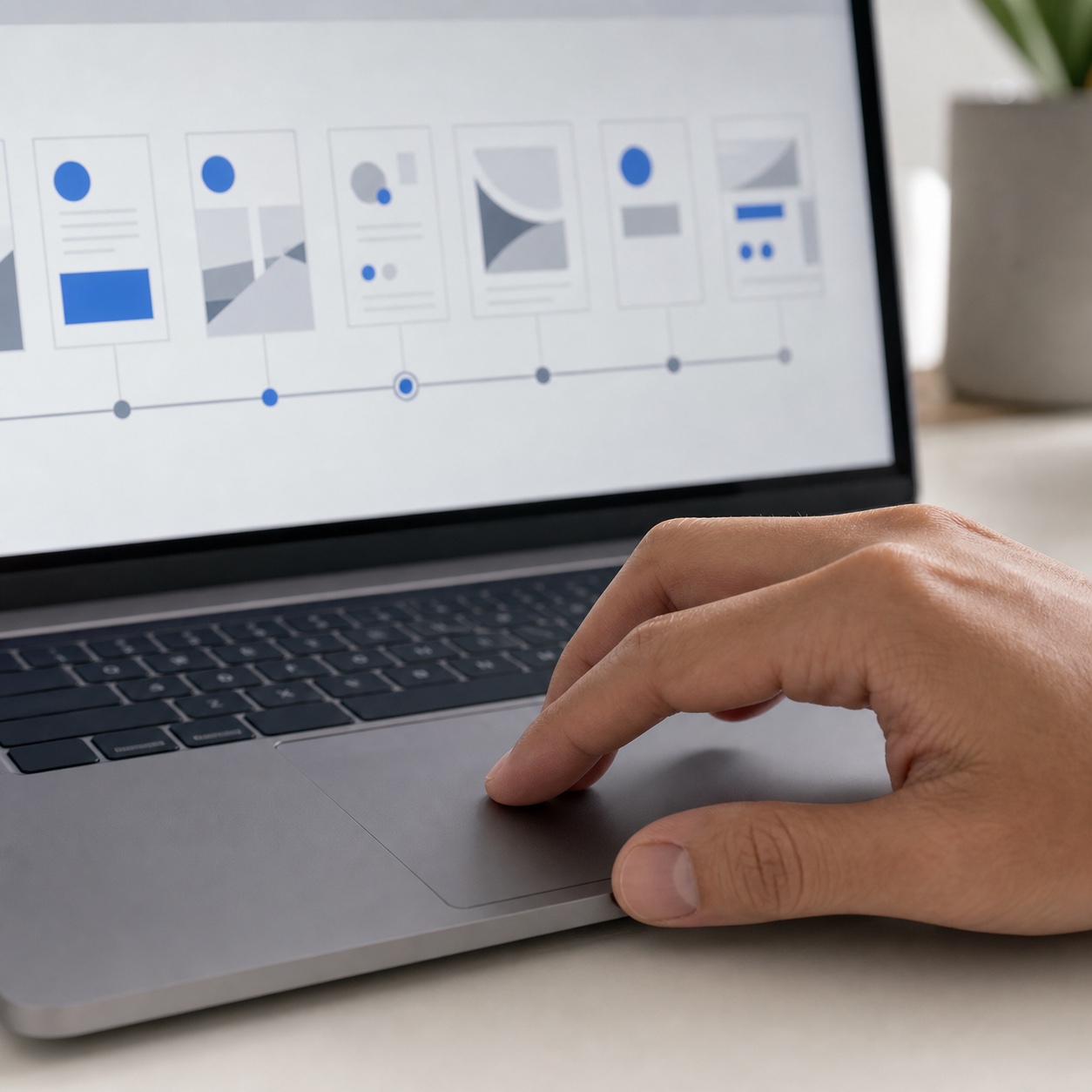 Version history for a large design file Hand using a trackpad beside an abstract version history timeline for a design file. | Sky Rye Design Hand using a trackpad beside an abstract version history timeline for a design file.