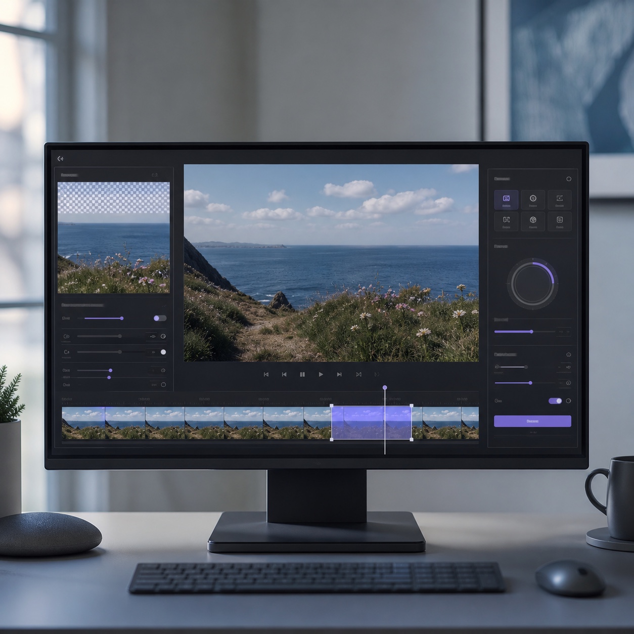 Studio monitor showing a video watermark removal interface with a marked cleanup region