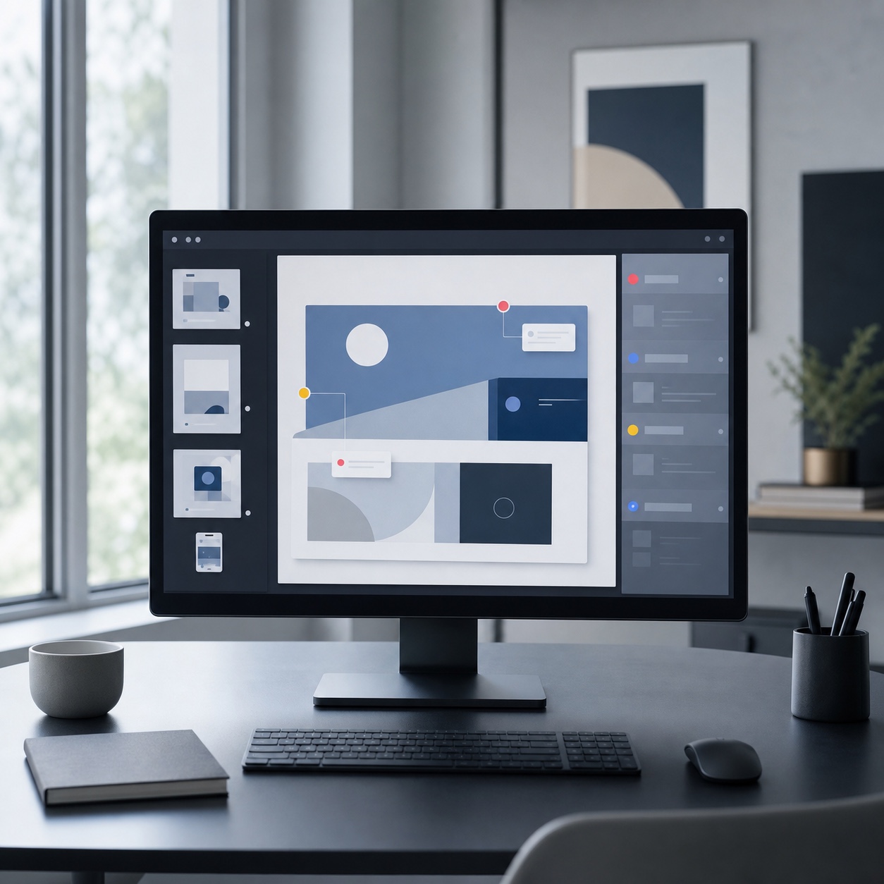 Visual feedback review tool for designers Studio monitor showing an abstract visual feedback interface with pinned review markers. | Sky Rye Design Studio monitor showing an abstract visual feedback interface with pinned review markers.