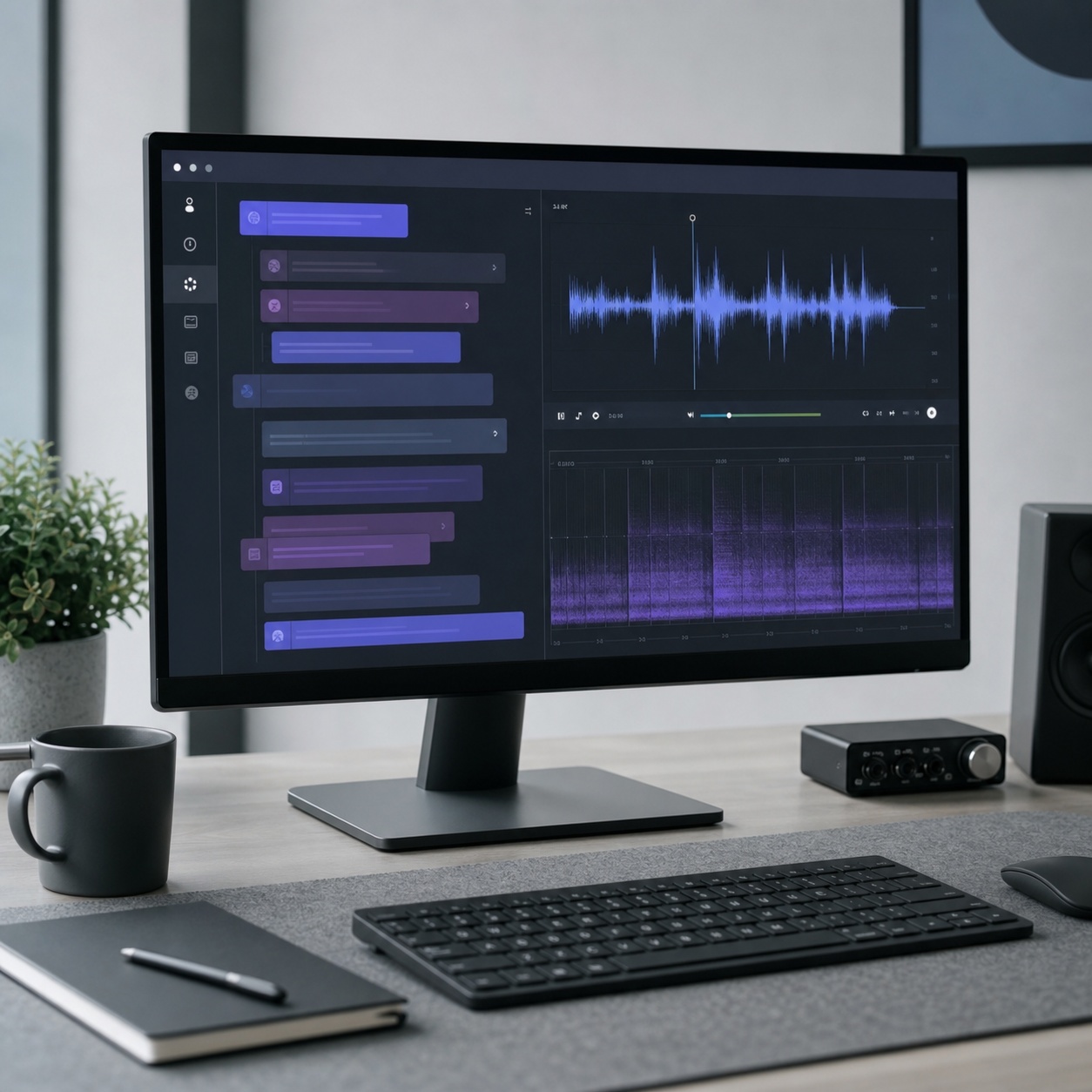 A monitor with a voiceover script editor and audio waveform interface.
