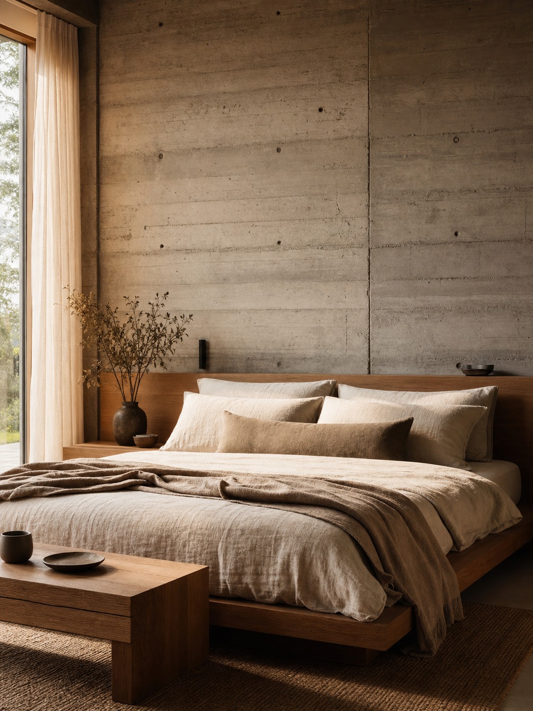 A warm brutalist bedroom with a raw concrete wall, linen bedding, and low wood furniture.