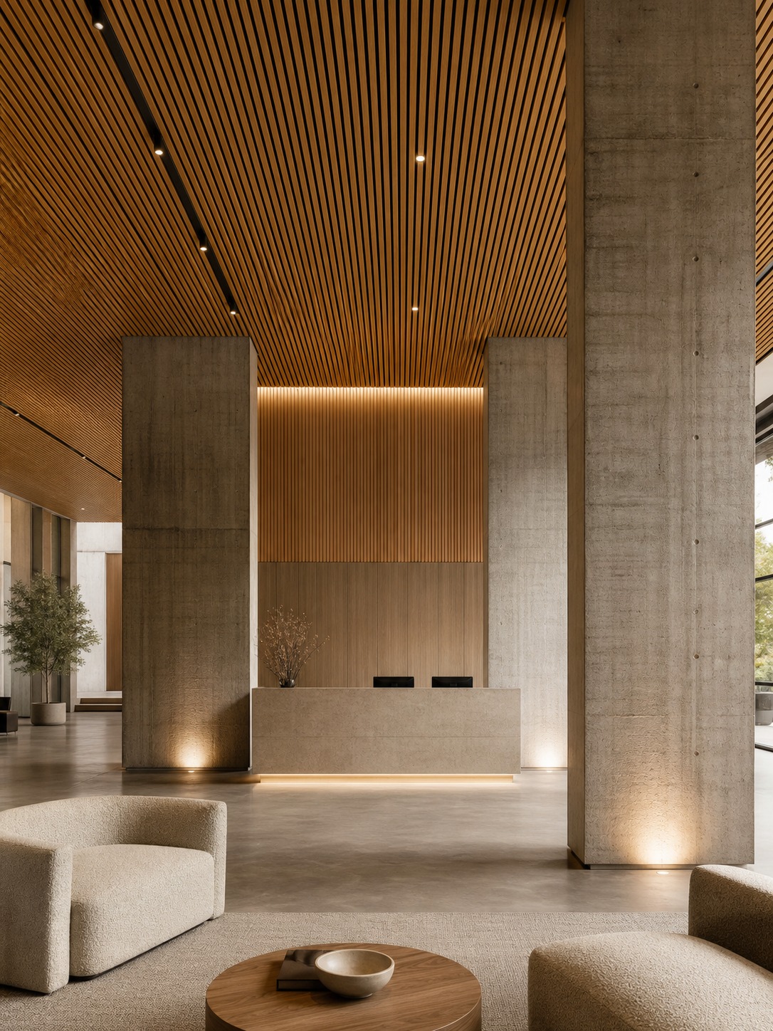 A neo-brutalist tech campus lobby with board-form concrete columns, light oak, and warm architectural lighting.
