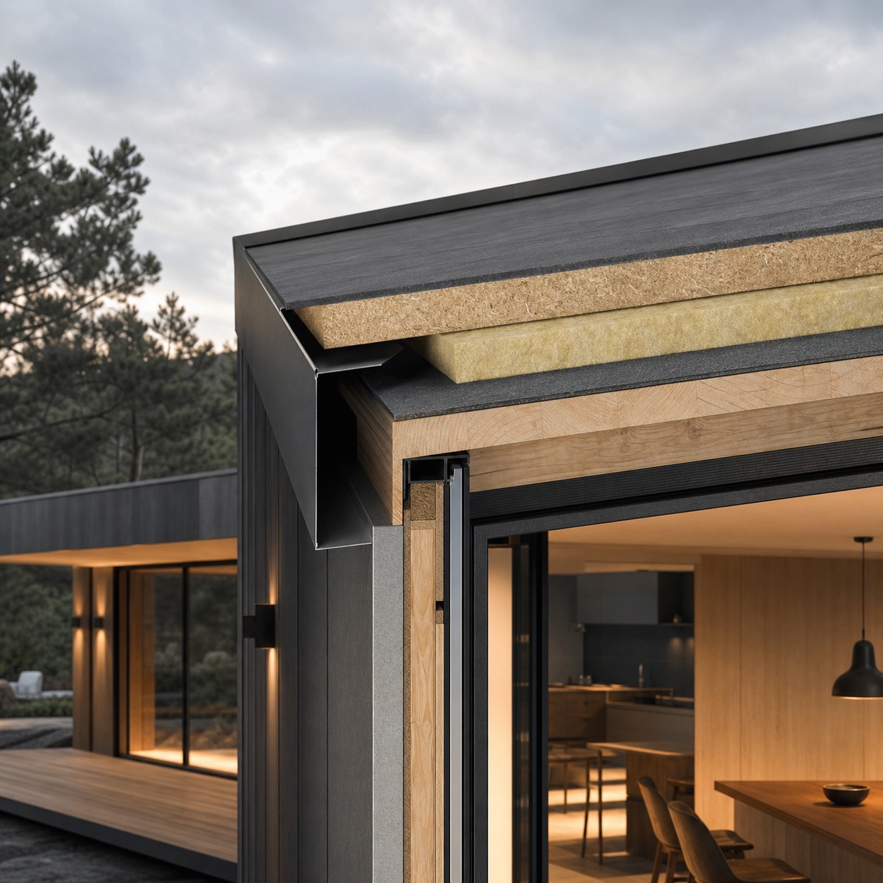 Warm Deck Flat Roof Construction Section Architectural section showing warm deck flat roof layers and insulation. | Sky Rye Design Architectural section showing warm deck flat roof layers and insulation.