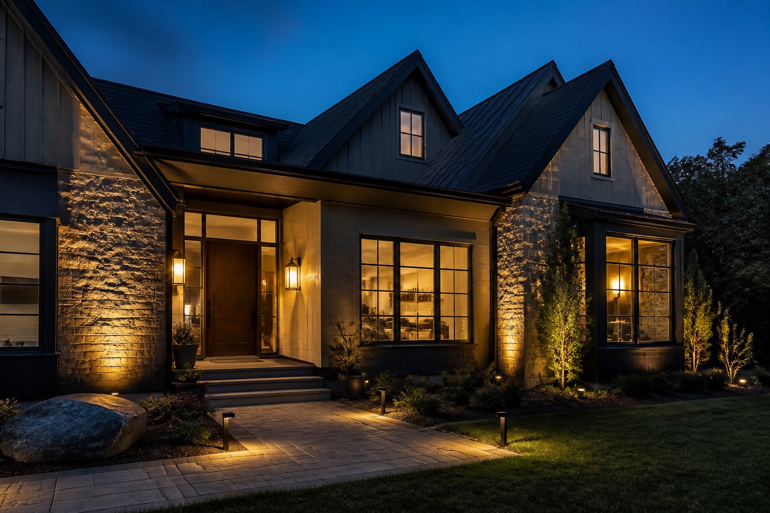 Warm house exterior lighting on a facade at dusk Warm exterior lighting on a home facade at dusk with entry sconces, path lights, and uplights. | Sky Rye Design Warm exterior lighting on a home facade at dusk with entry sconces, path lights, and uplights.
