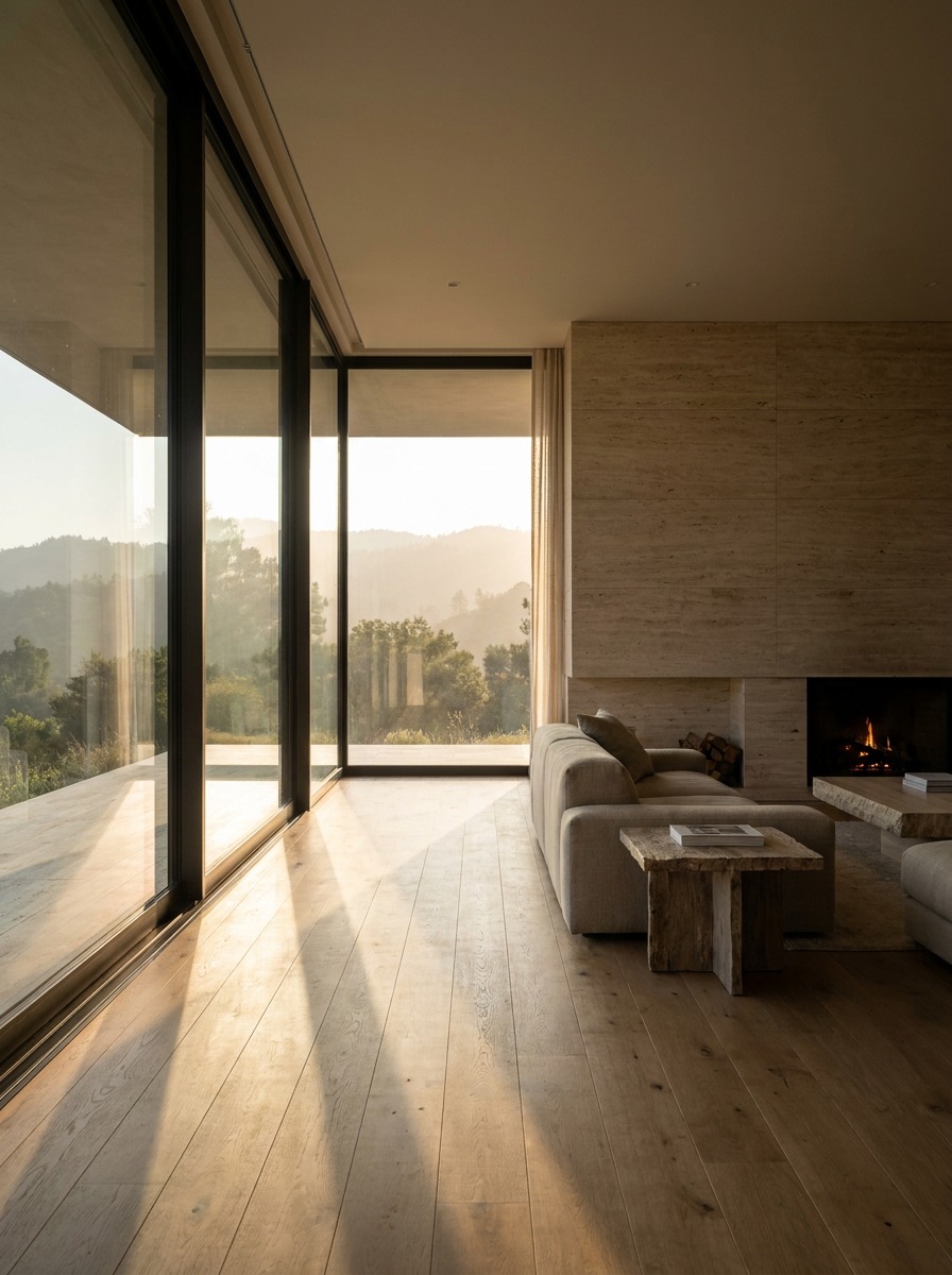 Warm minimalist apartment with oak and travertine Warm minimalist apartment with oak flooring, travertine wall, and floor-to-ceiling glass. | Sky Rye Design Warm minimalist apartment with oak flooring, travertine wall, and floor-to-ceiling glass.