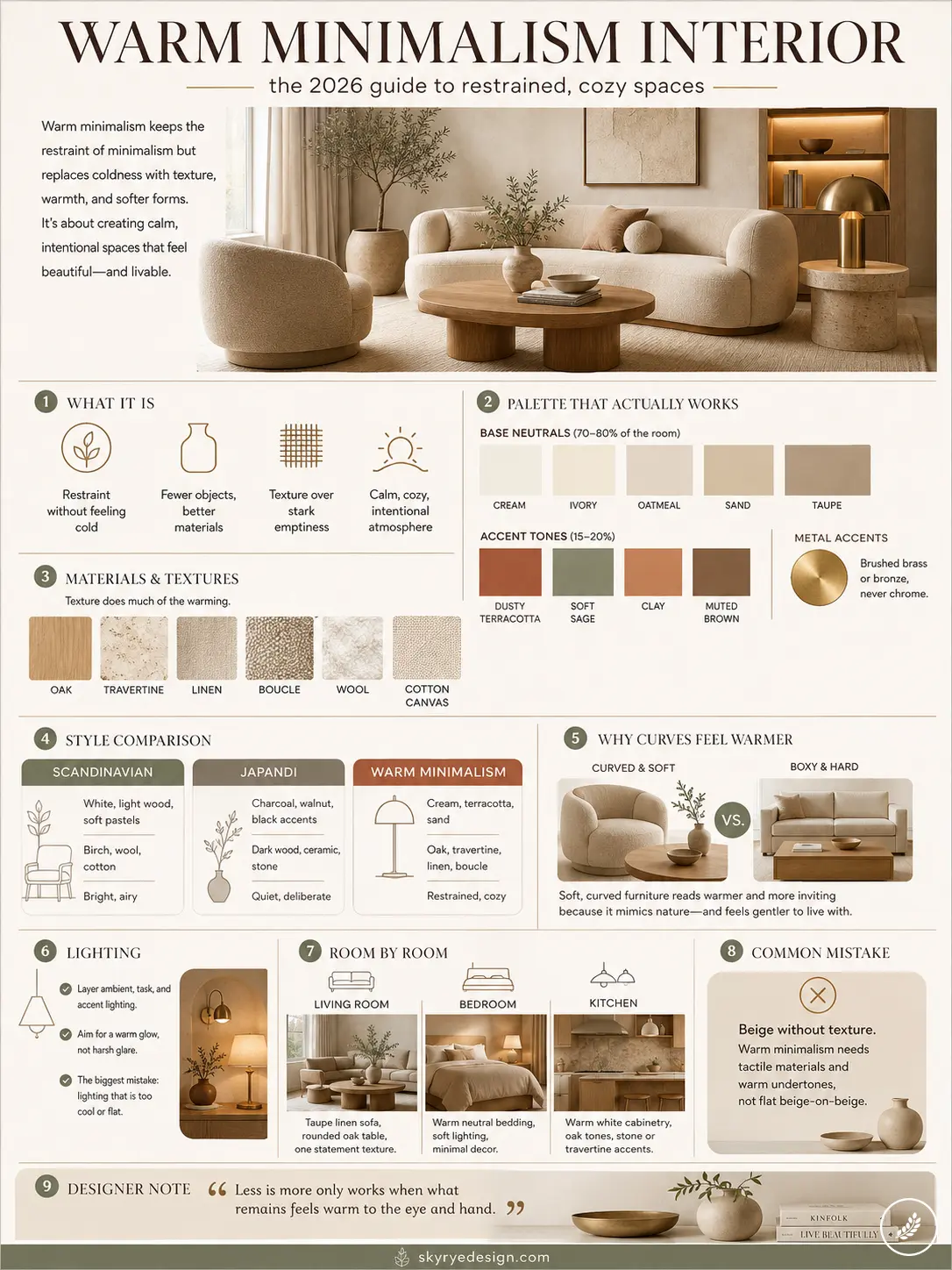 60d55d69-8f8a-4fd8-b3a2-69fb1d13ac2a Infographic poster titled 'Warm Minimalism Interior' featuring a warm beige living room with curved sofa and wooden coffee table, a guide to textures and colors. | Sky Rye Design Infographic poster titled 'Warm Minimalism Interior' featuring a warm beige living room with curved sofa and wooden coffee table, a guide to textures and colors.