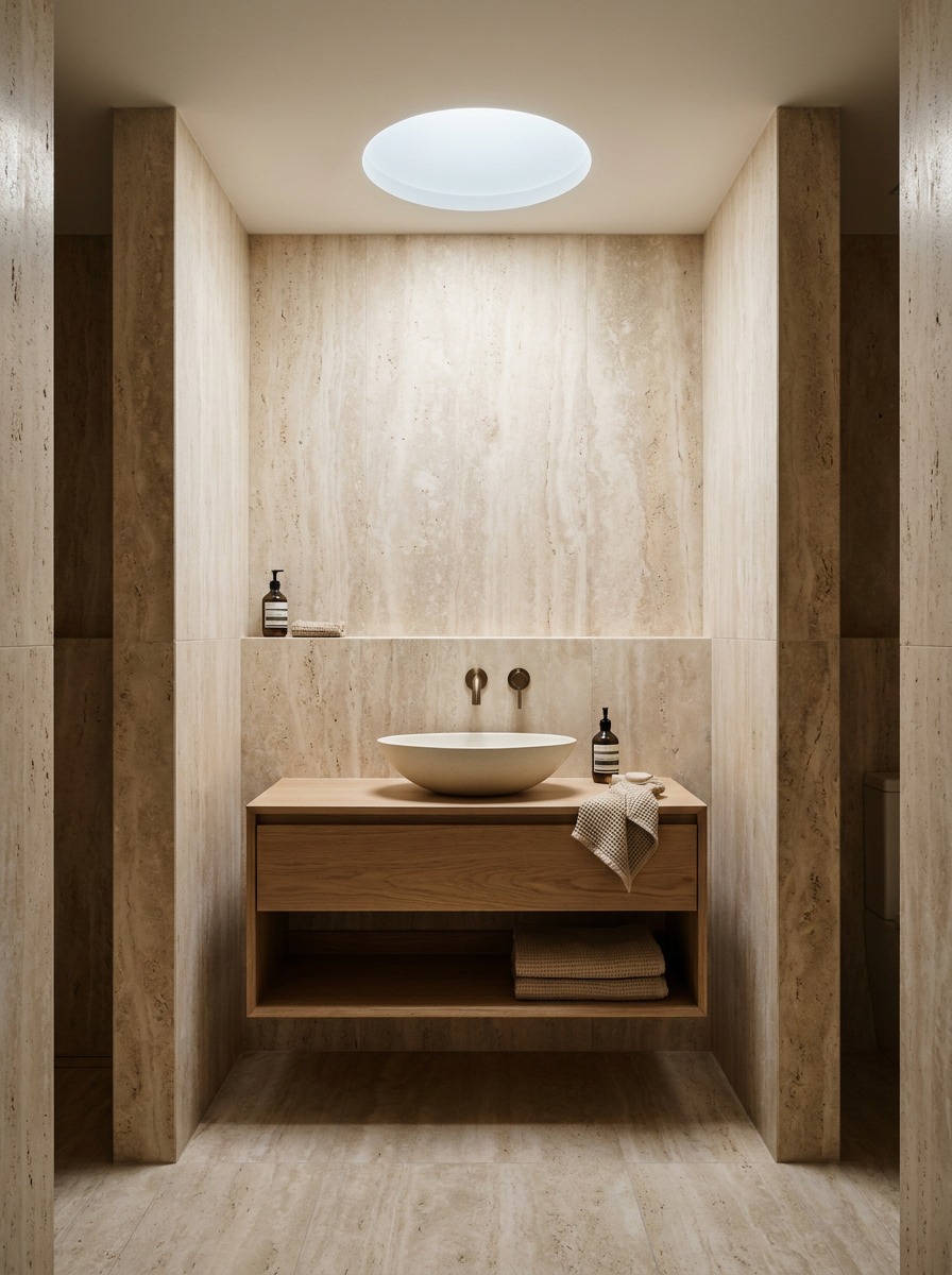 Warm minimalist bathroom with travertine and oak Warm minimalist bathroom with travertine slab walls, floating oak vanity, vessel sink, and bronze fixtures. | Sky Rye Design Warm minimalist bathroom with travertine slab walls, floating oak vanity, vessel sink, and bronze fixtures.