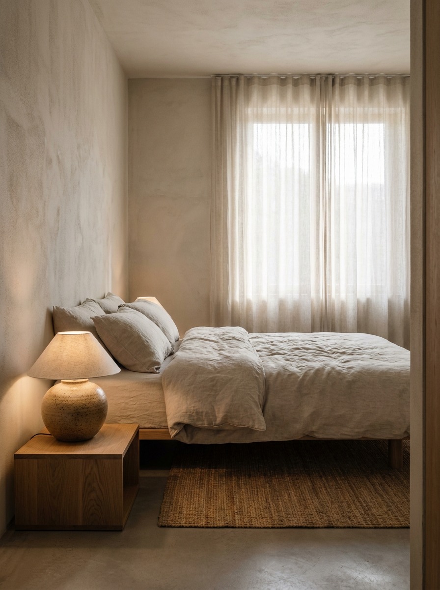 Warm minimalist bedroom with oatmeal linen Warm minimalist bedroom with oatmeal linen bedding, ceramic lamp, oak nightstand, and jute rug. | Sky Rye Design Warm minimalist bedroom with oatmeal linen bedding, ceramic lamp, oak nightstand, and jute rug.