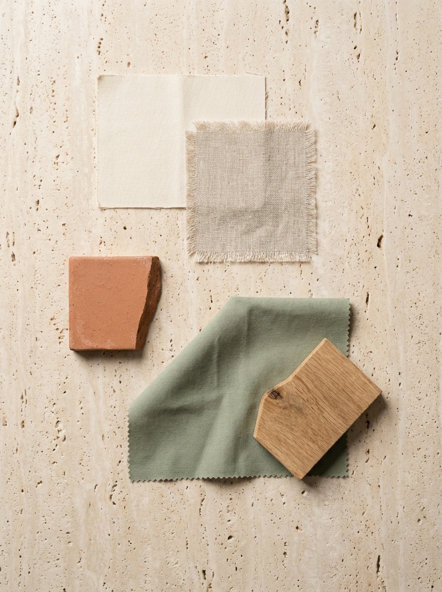 Warm minimalist color and material palette Flat lay of cream fabric, oatmeal linen, terracotta, sage, and oak samples on travertine. | Sky Rye Design Flat lay of cream fabric, oatmeal linen, terracotta, sage, and oak samples on travertine.