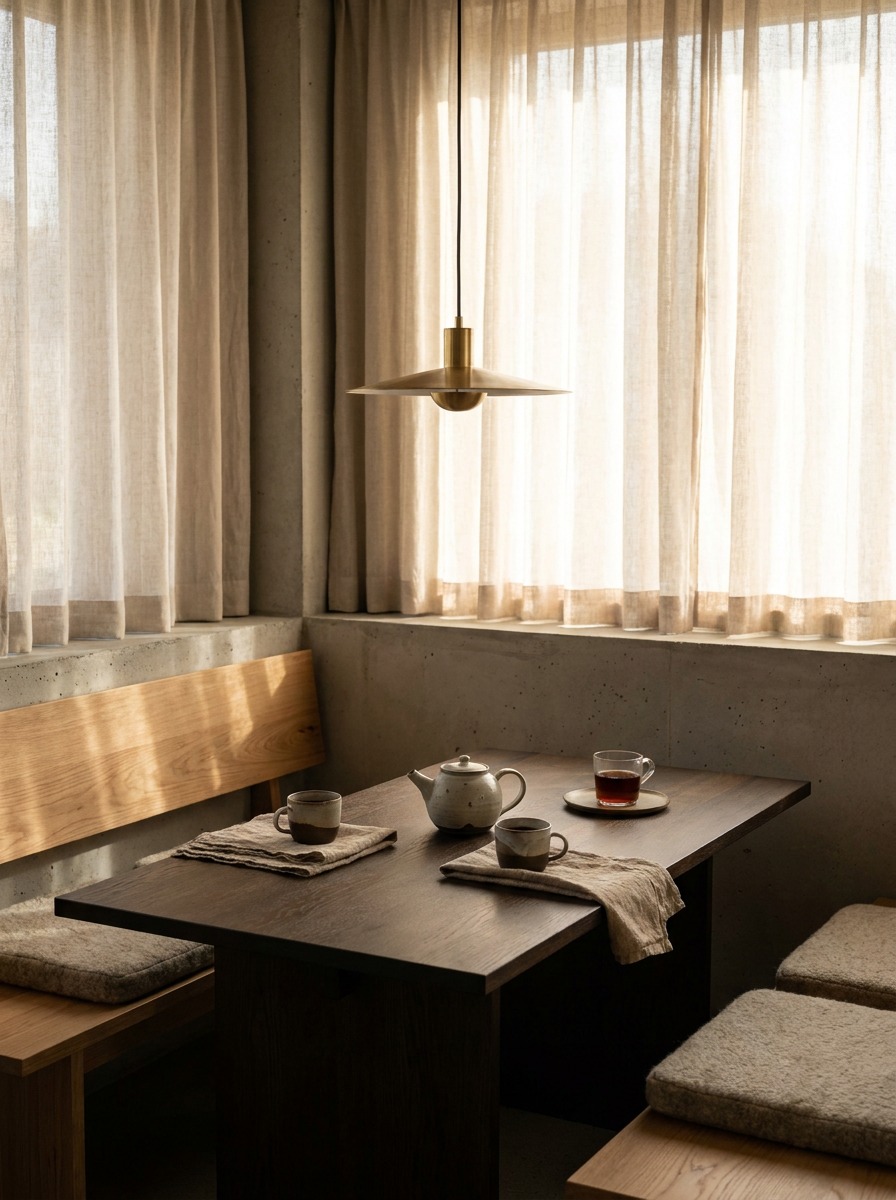 Warm minimalist dining nook with ceramic tea setting Warm minimalist dining nook with a low oak table, handmade ceramic teaware, dark tea, and linen napkin. | Sky Rye Design Warm minimalist dining nook with a low oak table, handmade ceramic teaware, dark tea, and linen napkin.