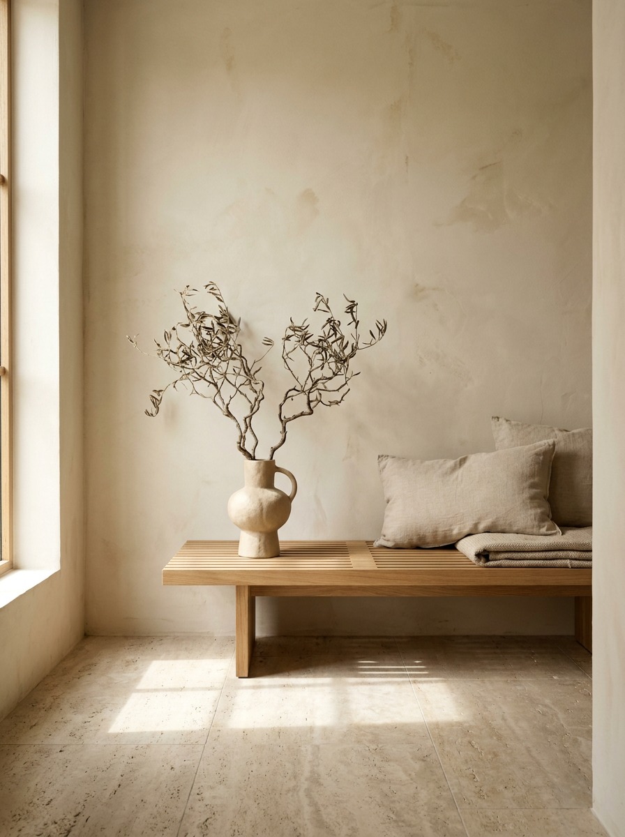 Warm minimalist entryway with travertine and oak bench Warm minimalist entryway with travertine floor, low oak bench, ceramic vase, and dried branches. | Sky Rye Design Warm minimalist entryway with travertine floor, low oak bench, ceramic vase, and dried branches.