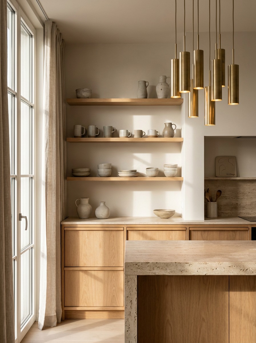 Warm minimalist kitchen with oak shelving Warm minimalist kitchen with open oak shelving, handmade ceramics, pendant light, and travertine island. | Sky Rye Design Warm minimalist kitchen with open oak shelving, handmade ceramics, pendant light, and travertine island.