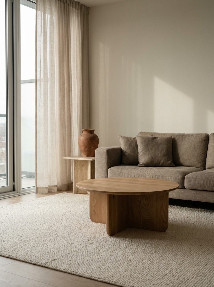 Warm minimalist living room with boucle and oak Warm minimalist living room with a taupe linen sofa, rounded oak table, boucle rug, and travertine side table. | Sky Rye Design Warm minimalist living room with a taupe linen sofa, rounded oak table, boucle rug, and travertine side table.