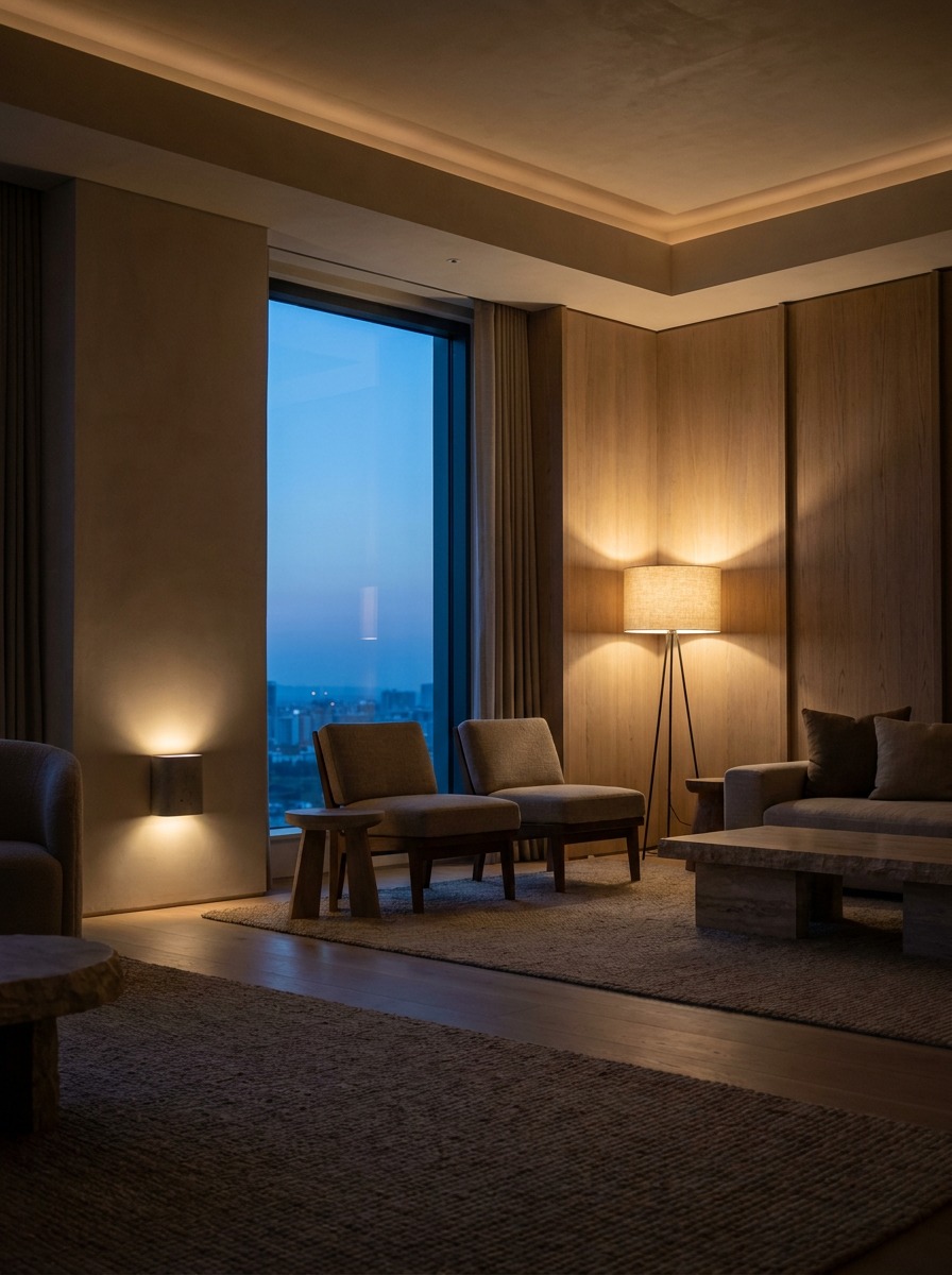Warm minimalist living room with layered dusk lighting Warm minimalist living room at dusk with a linen floor lamp, wall sconce, and dimmed ambient light. | Sky Rye Design Warm minimalist living room at dusk with a linen floor lamp, wall sconce, and dimmed ambient light.