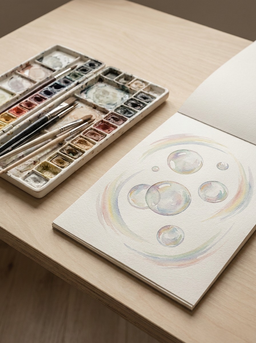 Watercolor bubble study drying on a studio table with soft rainbow sheen streaks across the sphere.