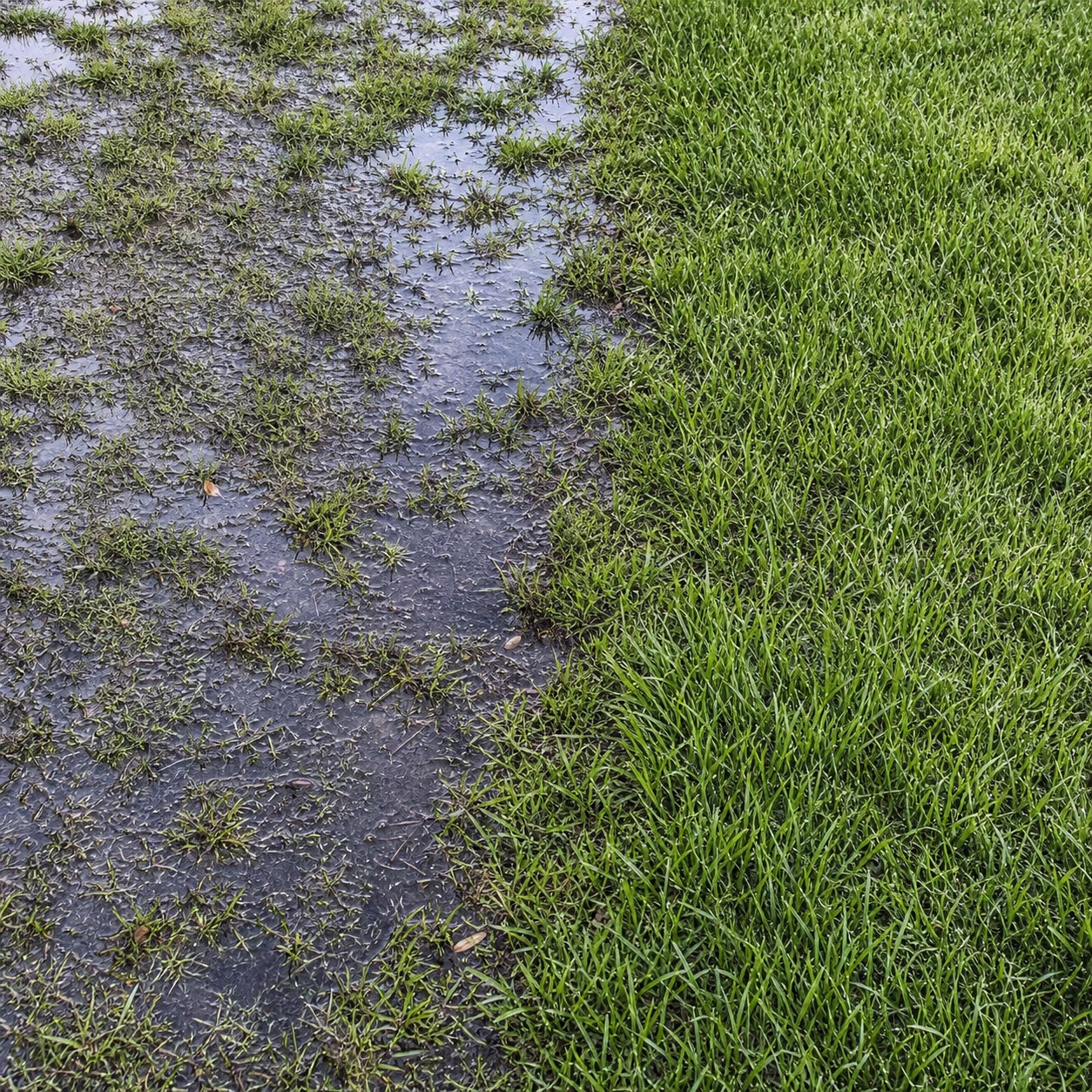 A waterlogged lawn section beside healthier grass after heavy rain.