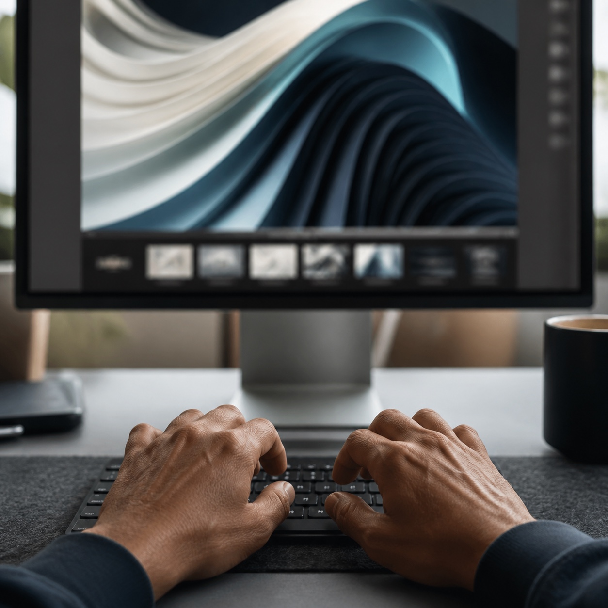 Designer hands typing with a sharp watermark-free portfolio hero image on a monitor behind