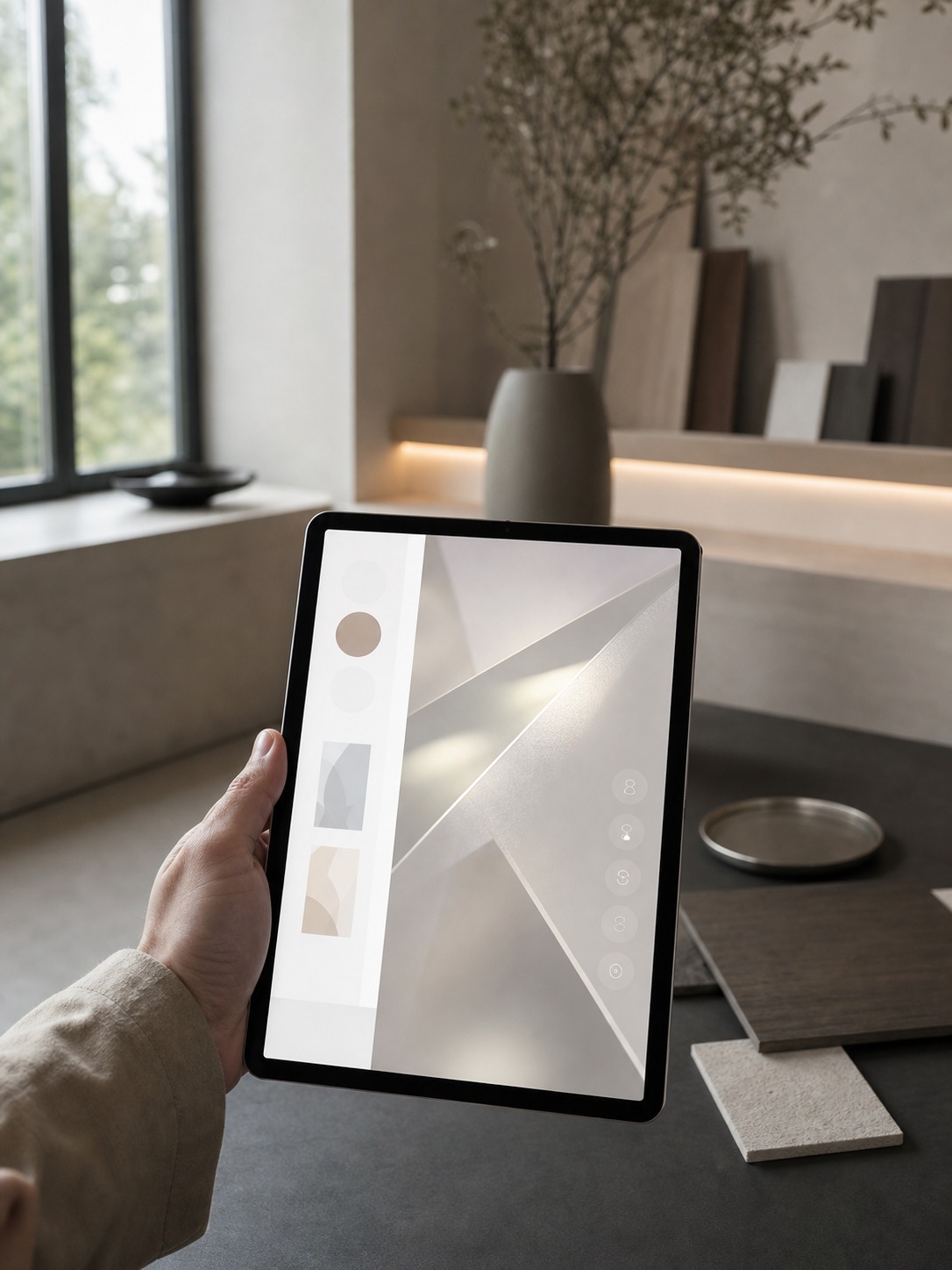 Tablet showing a subtly watermarked design proof in a modern studio setting.