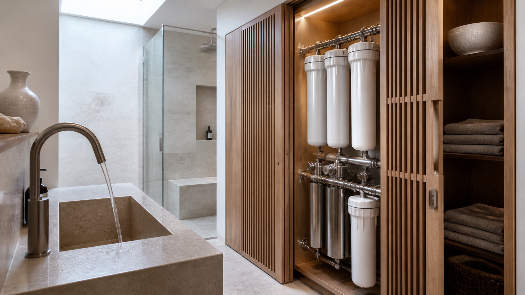 Whole house water filtration system integrated into a modern wellness room with oak and limestone details
