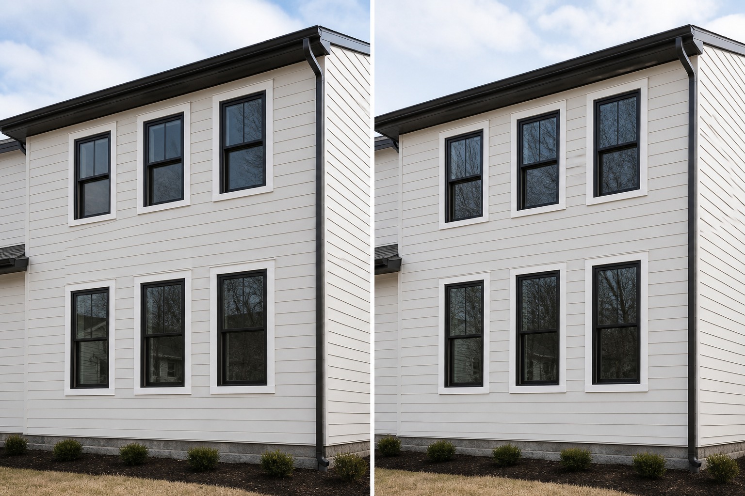 Window trim before and after facade alignment Before-and-after facade comparison showing mismatched trim beside corrected window proportions. | Sky Rye Design Before-and-after facade comparison showing mismatched trim beside corrected window proportions.