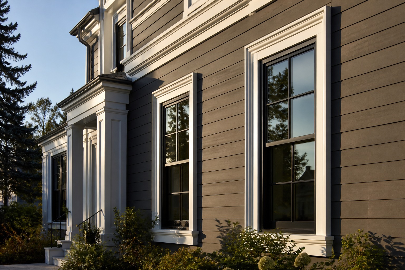Window trim ideas with a contrast facade Traditional home facade with crisp white window trim against dark siding. | Sky Rye Design Traditional home facade with crisp white window trim against dark siding.