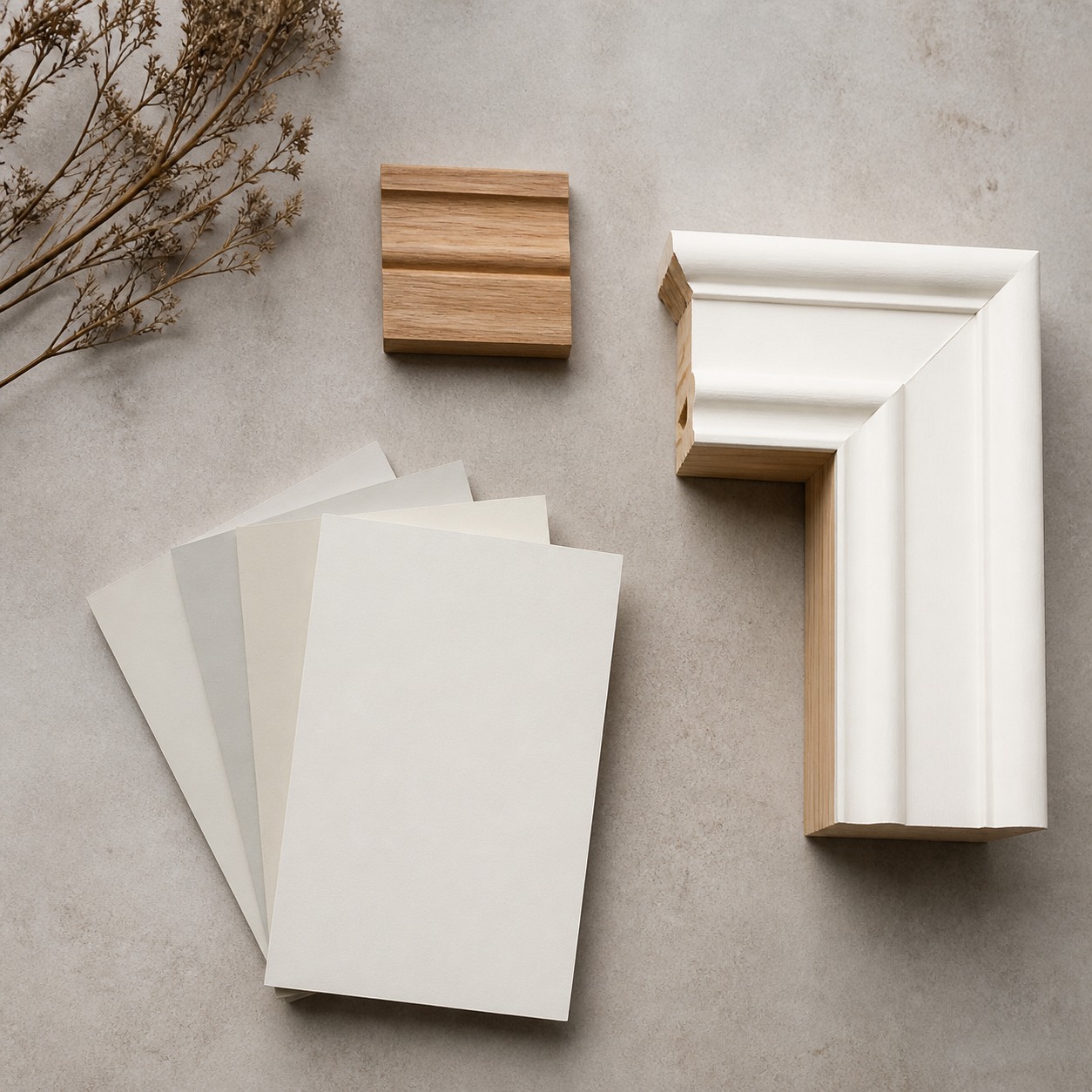 Window trim material and color samples Flat lay of trim paint swatches, a wood profile sample, and a casing cross-section. | Sky Rye Design Flat lay of trim paint swatches, a wood profile sample, and a casing cross-section.